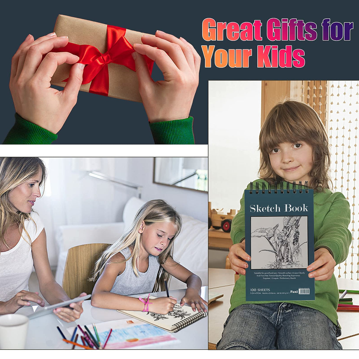 5.5" x 8.5" Sketchbook Set, Top Spiral Bound Sketch Pad, 2 Packs 100-Sheets Each (68lb/100gsm), Acid Free Art Sketch Book Artistic Drawing Painting Fuxi