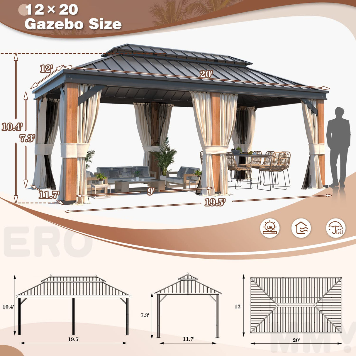 EROMMY 12' x 20' Hardtop Gazebo, Wooden Grain Aluminum Frame Canopy with Galvanized Steel Roof, Outdoor Permanent Pavilion with Curtains and Nettings EROMMY