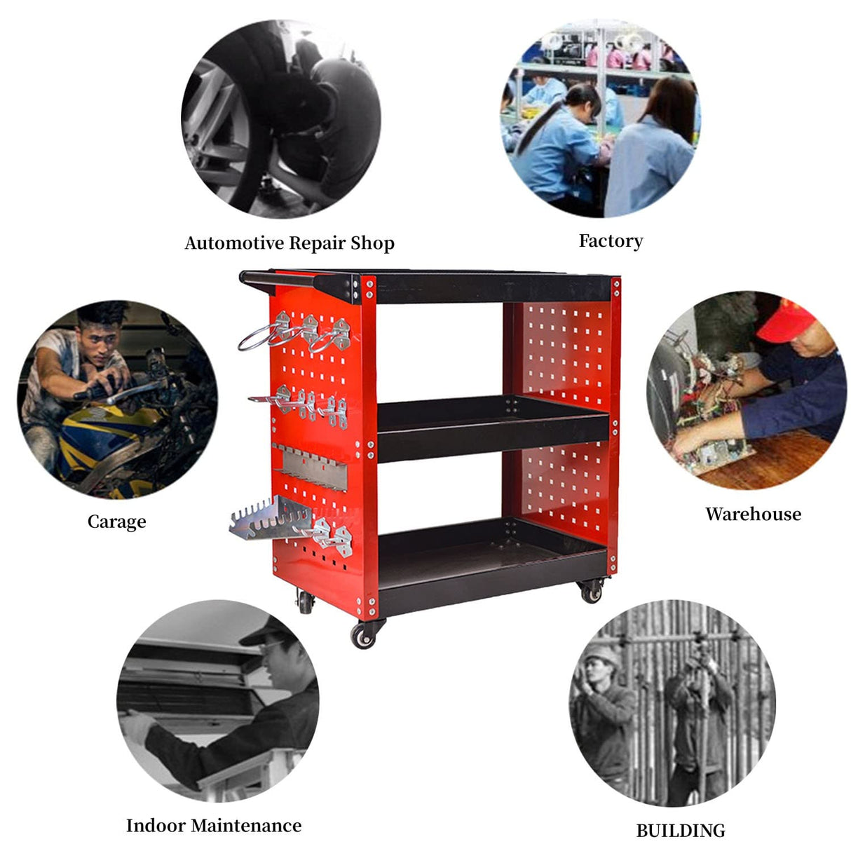 Youthua 3-Tier Rolling Tool Cart, Heavy Duty, 360 Degree Rotating Wheels, 14 Hooks, 300lbs Load Capacity, Red youthua