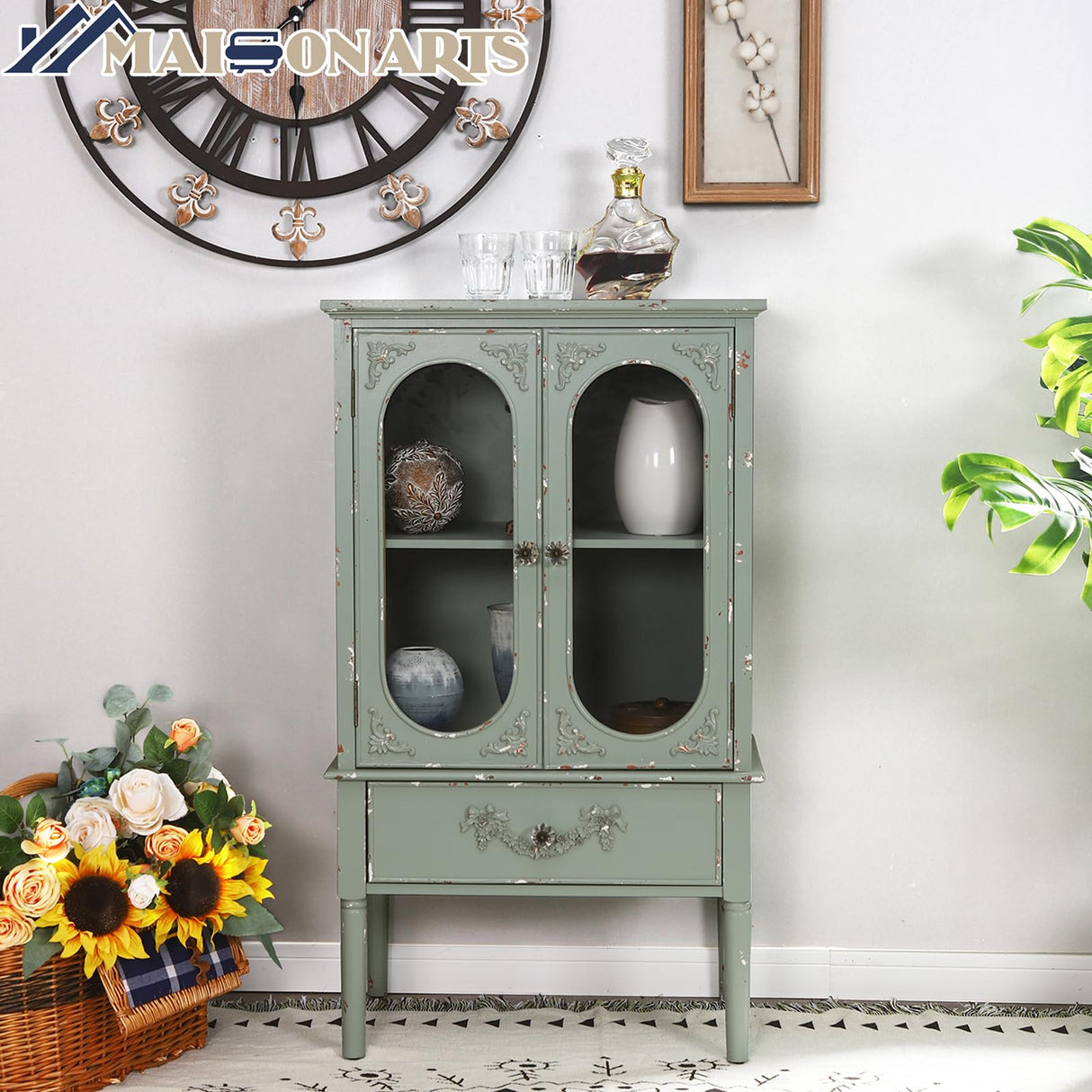 MAISON ARTS 42" H Accent Cabinet with 2 Glass Doors, Distressed Storage Cabinet Farmhouse Kitchen Buffet Cabinet Entryway Living Room Cabinet MAISON ARTS