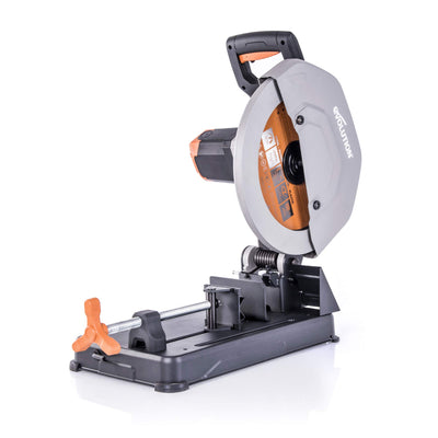 Evolution Power Tools R355CPS 14-Inch Chop Saw Multi Purpose, Multi-Material Cutting Cuts Metal, Plastic, Wood & More Miter Cut up to 45˚ Degrees TCT
