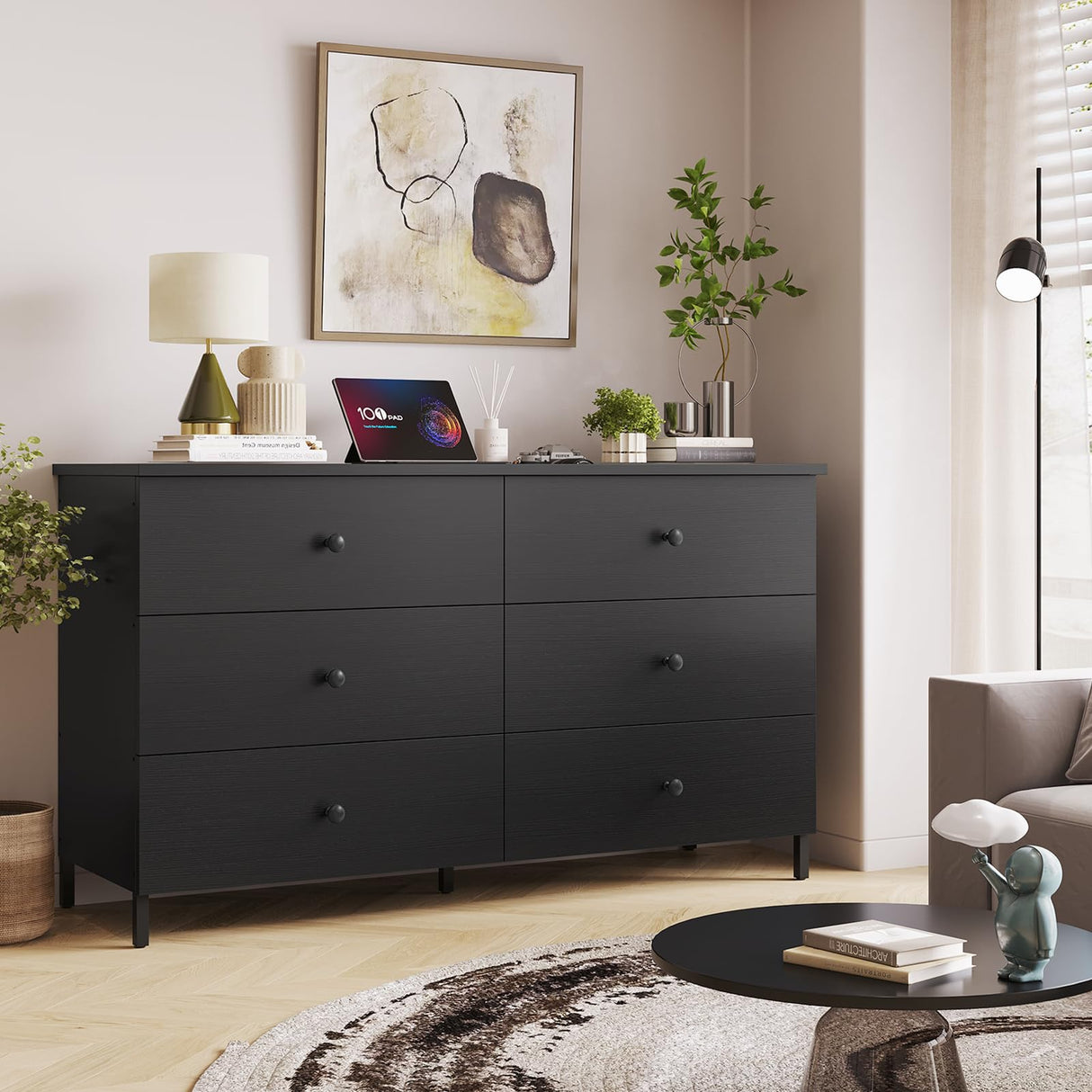 Hasuit 6 Drawers Double Dresser, Wooden Dresser with Heavy Sturdy Steel Frame, Large Capacity Storage Chest of Drawers, Black Dresser for Bedroom, Hasuit