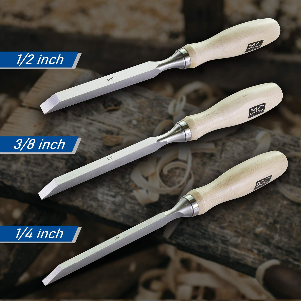 Professional Woodworking Cabinetmakers Mortise Chisel set Chrome-Vanadium Steel with Hornbeam Handles for Carpentry, Woodworking, Carving, Craftsman, MKC