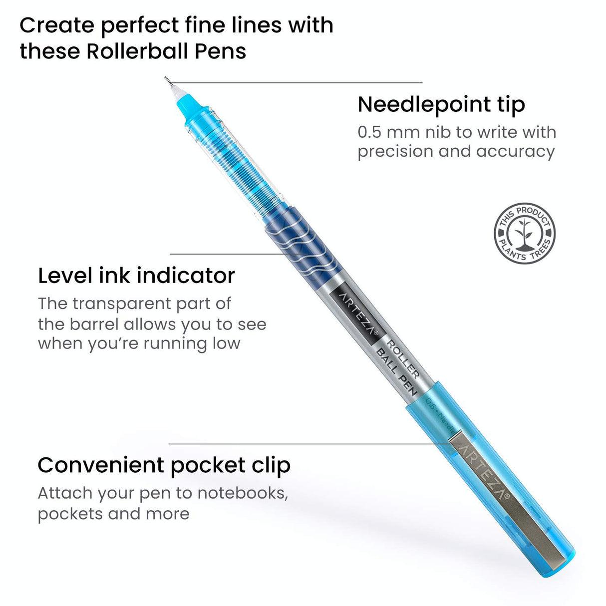 ARTEZA Rollerball Pens Fine Point, Set of 24 Colored Pens with Liquid Ink, Extra Fine 0.5 mm Needle Tip Pen, Make Precise Lines, Office Supplies for ARTEZA