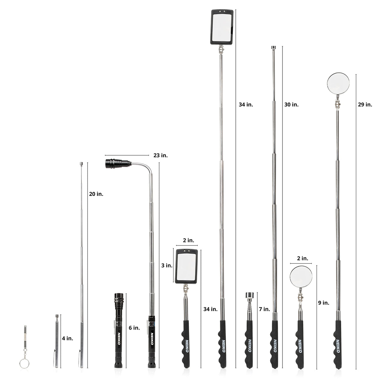 NEIKO 20736A (6) Piece Set, Magnetic Tool & Telescoping Mirror Set, Adjustable Telescoping Magnetic Pickup Tool, Flashlight 15lb Retriever Tool, 360 NEIKO