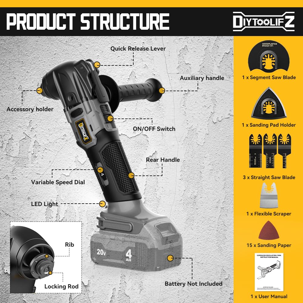 Cordless Oscillating Tool for Dewalt 20V Battery, 6 Variable Speed Brushless-Motor Tool, Oscillating Multi Tool Kit for Cutting Wood Drywall Nails DIYtoolifz