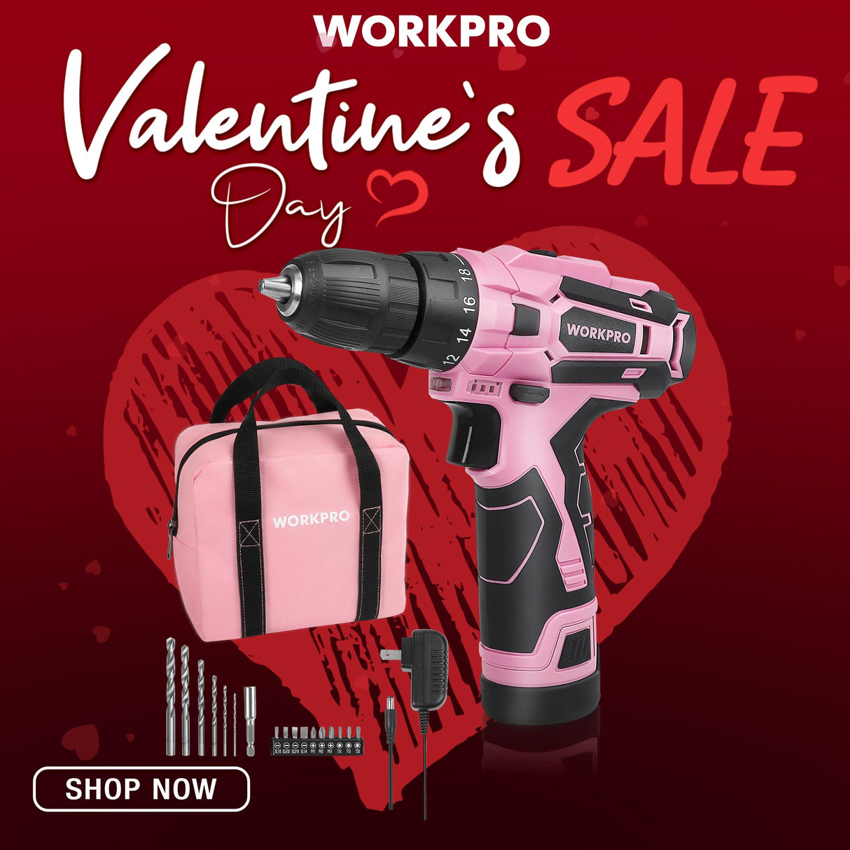 WORKPRO Pink Cordless Drill Driver Set, 12V Electric Screwdriver Driver Tool Kit, 3/8" Keyless Chuck, Charger and Storage Bag Included - Pink Ribbon WORKPRO