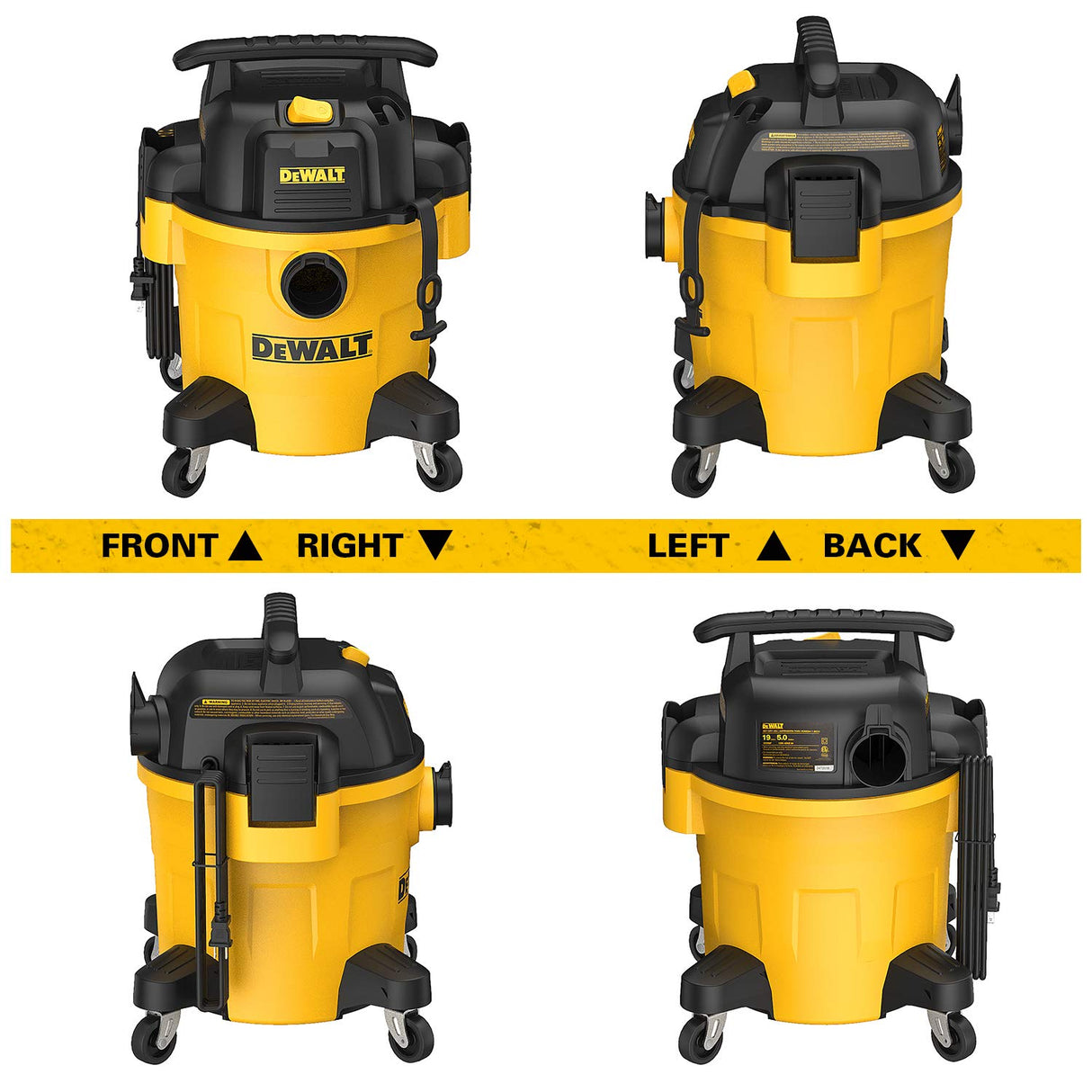 DEWALT DXV05P 5Gallon Poly Wet/Dry, 4 Peak HP Shop Vacuums, 5 Gallon, Yellow+Black DEWALT