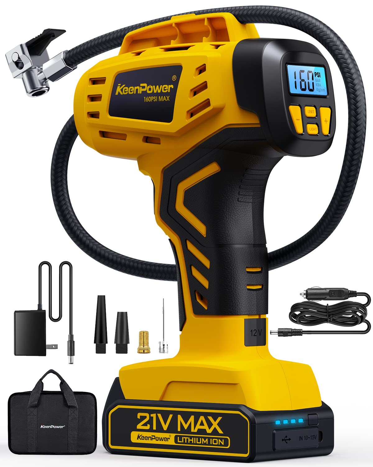 KeenPower Tire Inflator Portable Air Compressor - 2X Faster - 21V Rechargeable Battery Powered Handheld 160PSI Tire Inflator, Dual Power Supply KeenPower