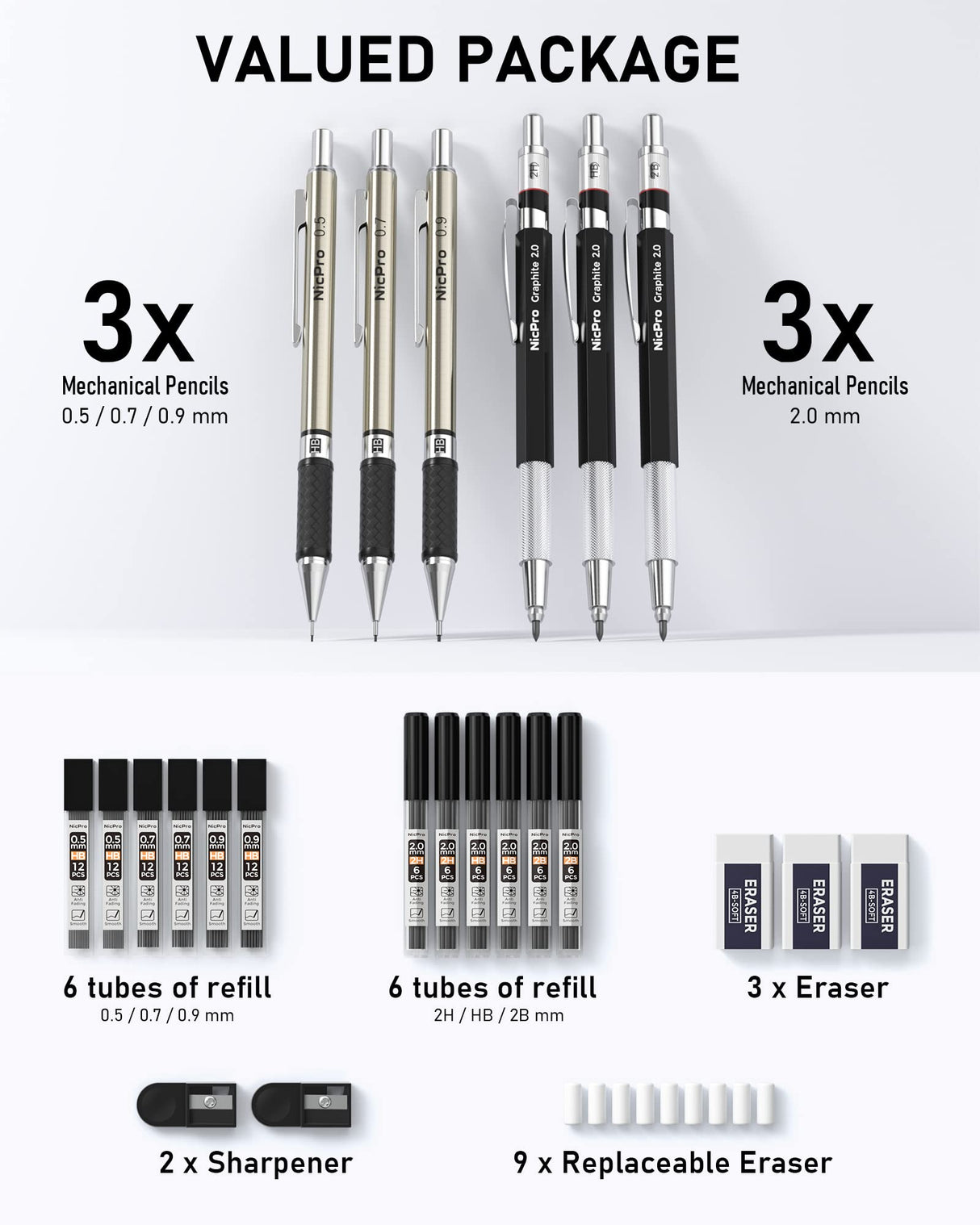 Nicpro 6PCS Art Mechanical Pencils Set, 3 PCS Metal Drafting Pencil 0.5 mm & 0.7 mm & 0.9 mm & 3 PCS 2mm Graphite Lead Holder (2B HB 2H) For Writing, Nicpro