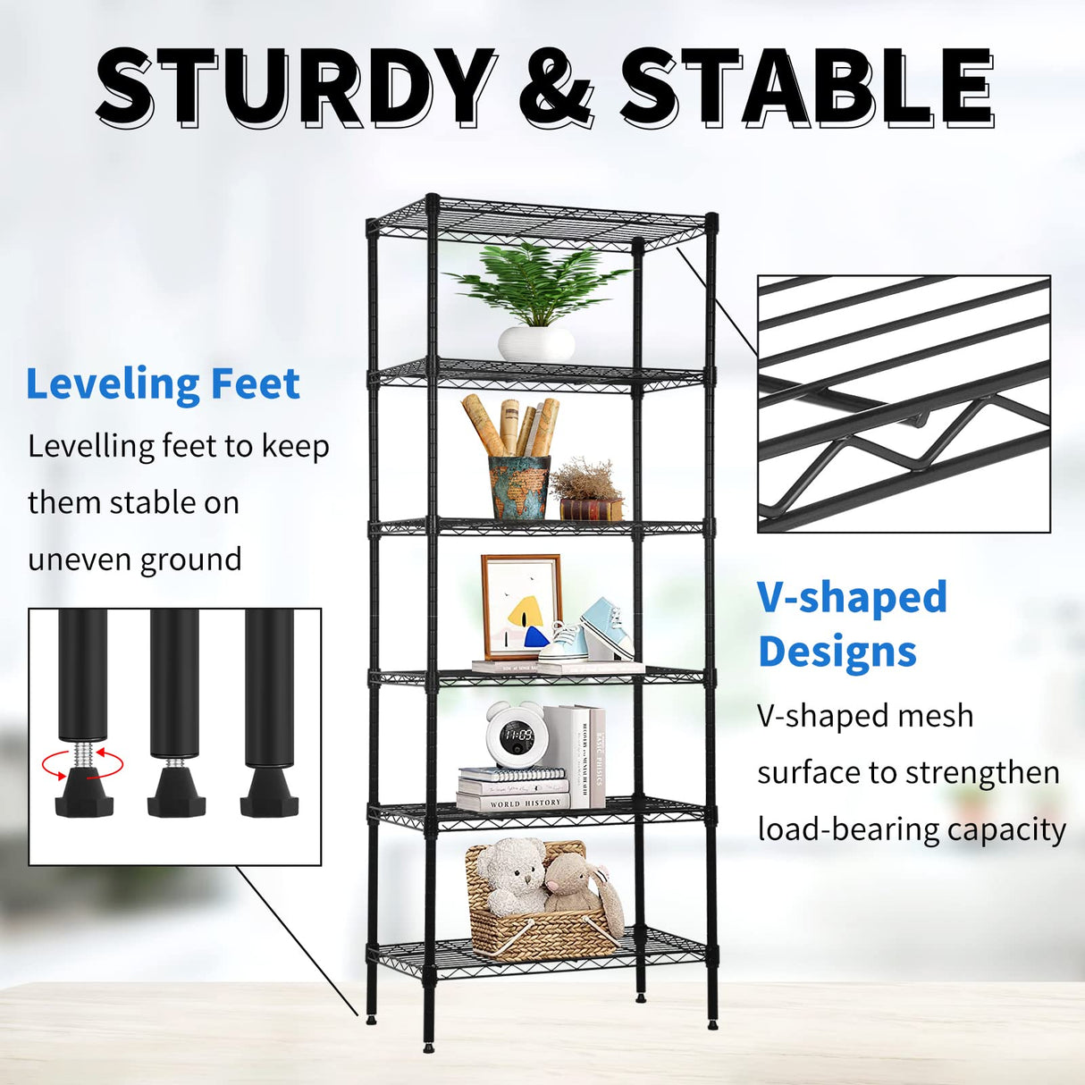 YYkokocat 6-Tier Wire Shelving Unit Detachable Storage Shelves with 8 Adjustable Feet 59" H x 23" x 13" Kitchen Storage Rack Adjustable Metal Shelf YYkokocat