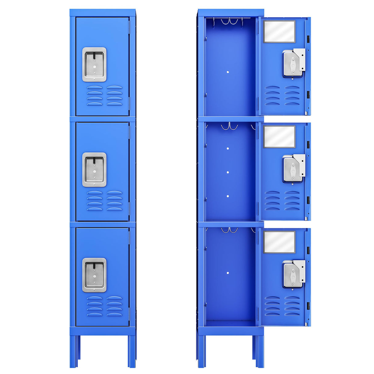 INTERGREAT Metal Lockers for Employees, 3 Door Storage Locker, Tall Steel Locker Cabinet for School, Office, Home, Gym, Kid Room, with Mirror (Blue, INTERGREAT
