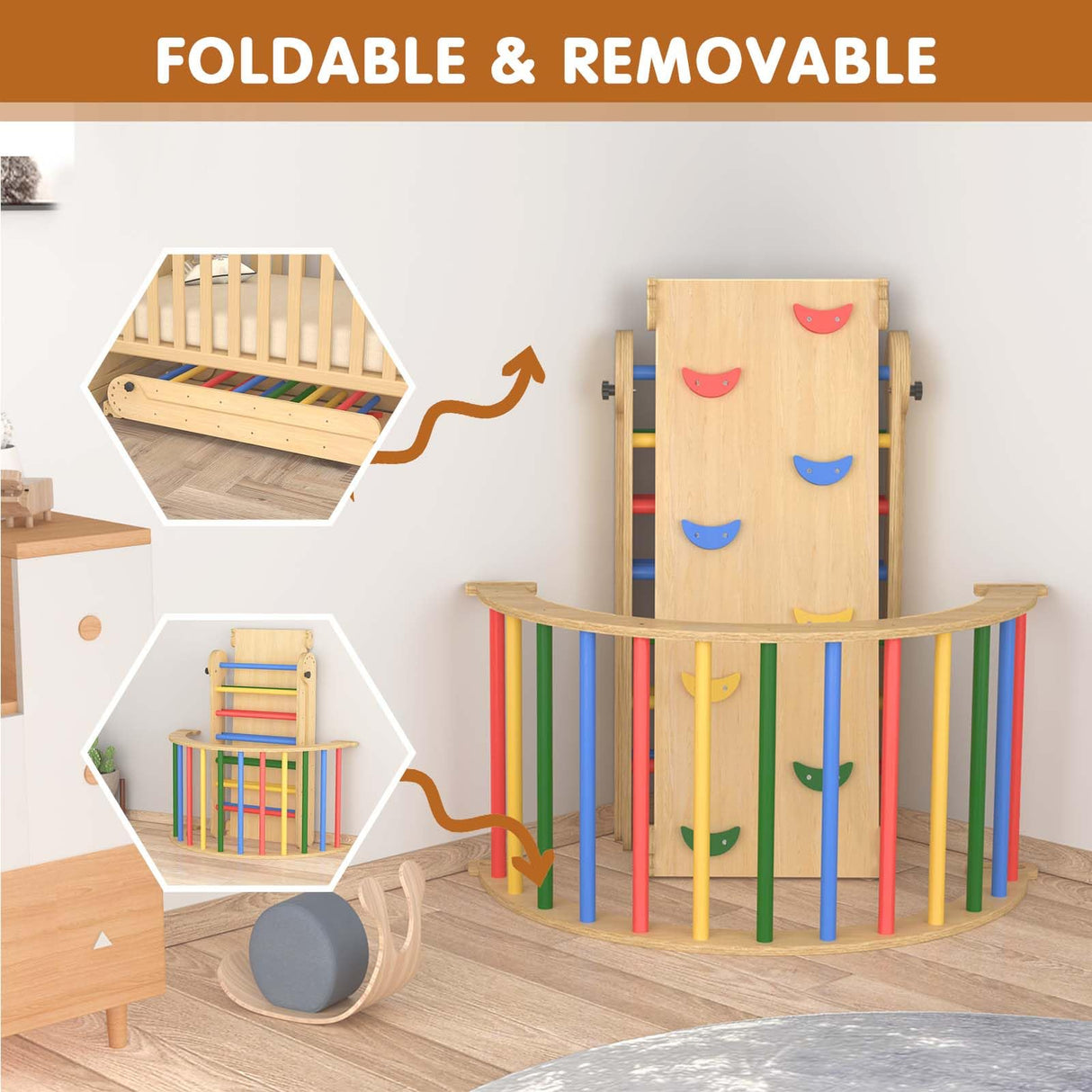 5 in 1 Pikler Triangle Set, Wooden Montessori Climbing Toys, Toddler Indoor Playground, Foldable Baby Climbing Toys, Kids Jungle Gym with Ramp, Arche Wanmwill