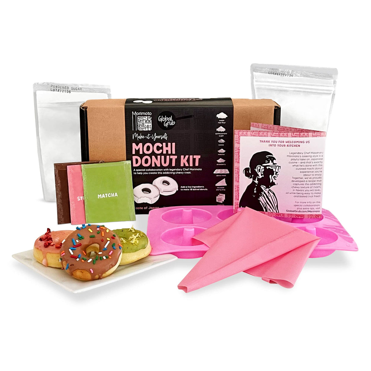 Global Grub DIY Morimoto Mochi Donut Kit - Includes Mochi Donut Mold, Piping Bag, Mochi Flour, Confectioners Sugar, Strawberry, Cocoa & Matcha Green Global Grub