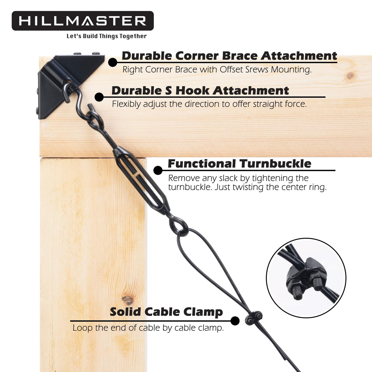 HILLMASTER Durable Anti Sag Gate Kit for Wooden Fence, Anti-Sag Gate Support Cable Kit in Zinc, Anti-Sagging Fence Gate Kit Steel Gate Hardware, Wood HILLMASTER