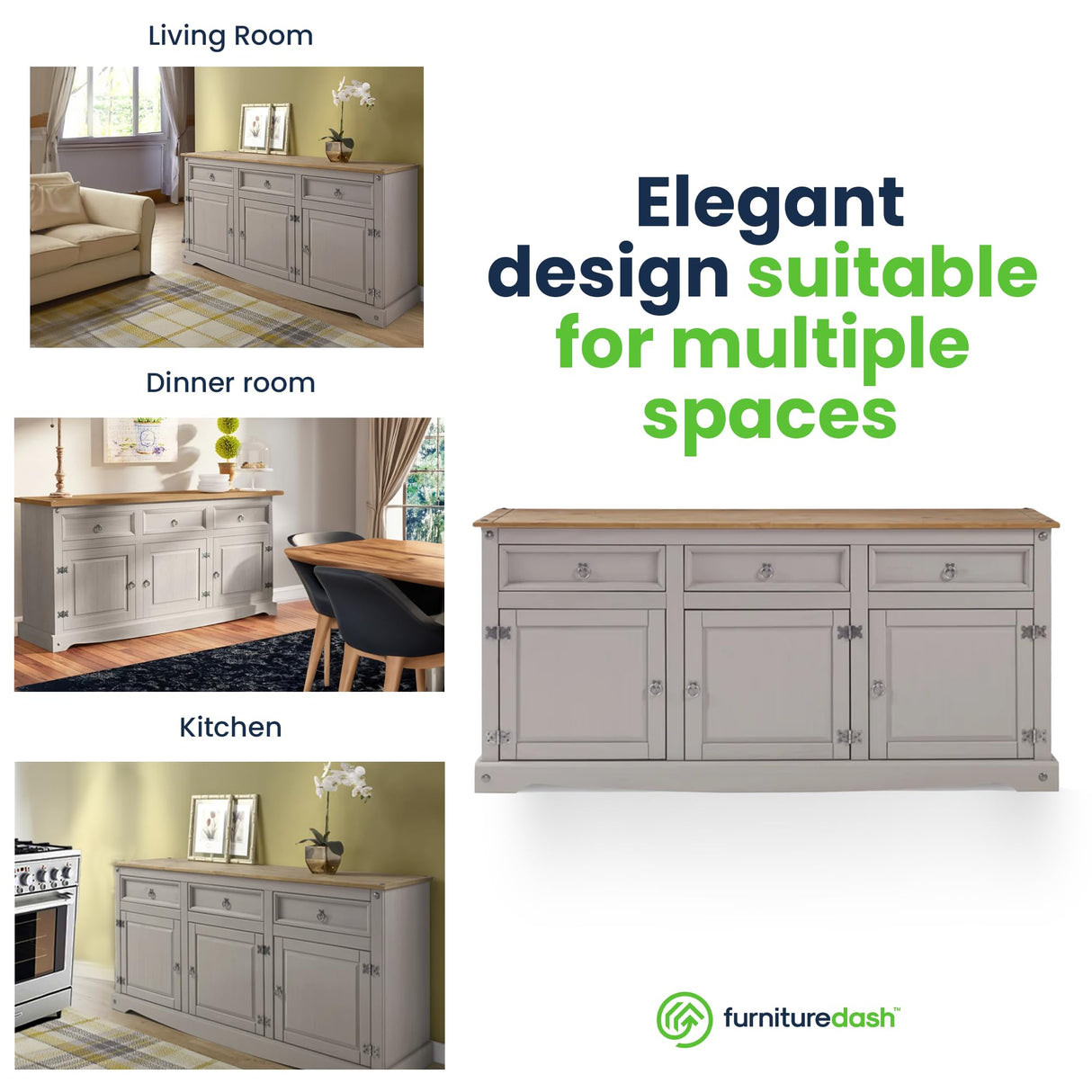 Furniture Dash Solid Wood Sideboard Buffet 65.9" W, 16.9" D, 31.6" H - Wooden Storage Cabinet, Cupboard Console Table, Ideal for Living Room, Kitchen Furniture Dash