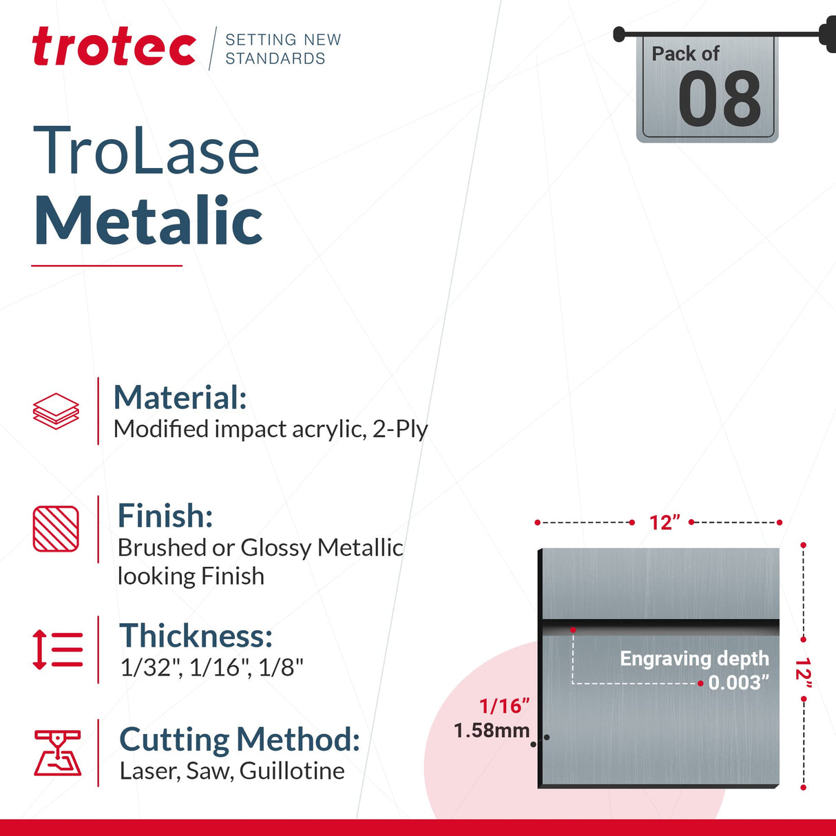 Trotec | Metallic Looking Acrylic Sheet | 8 Pcs | Brushed Silver/Black | 12"x12"x1/16" | Metallic Finish - Scratch Resistant for Laser Engraving & TROTEC