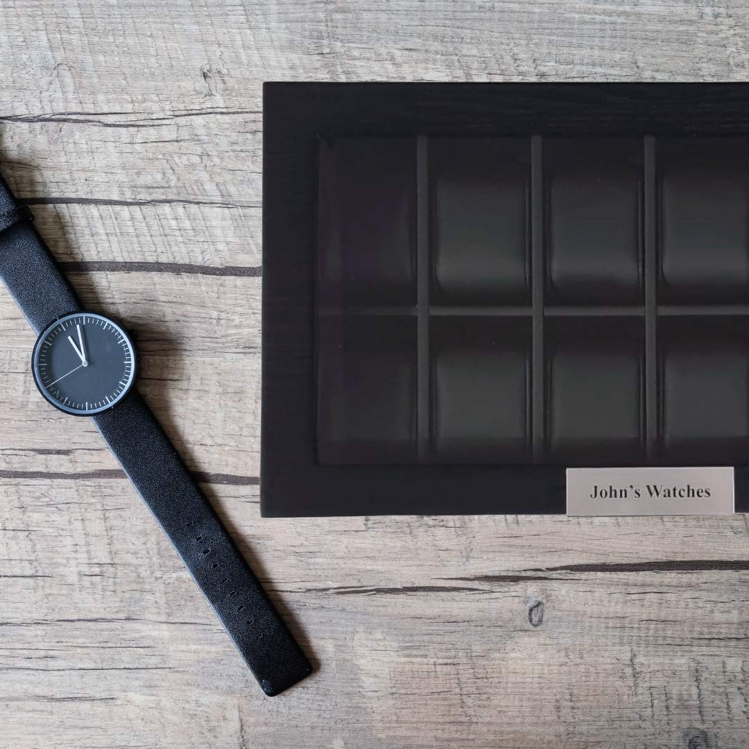 TIMELYBUYS Personalized 12 Black Wood Watch Box Display Case Storage Jewelry Organizer with Glass Top, Stainless Steel Accents, and Oversized Deluxe TIMELYBUYS