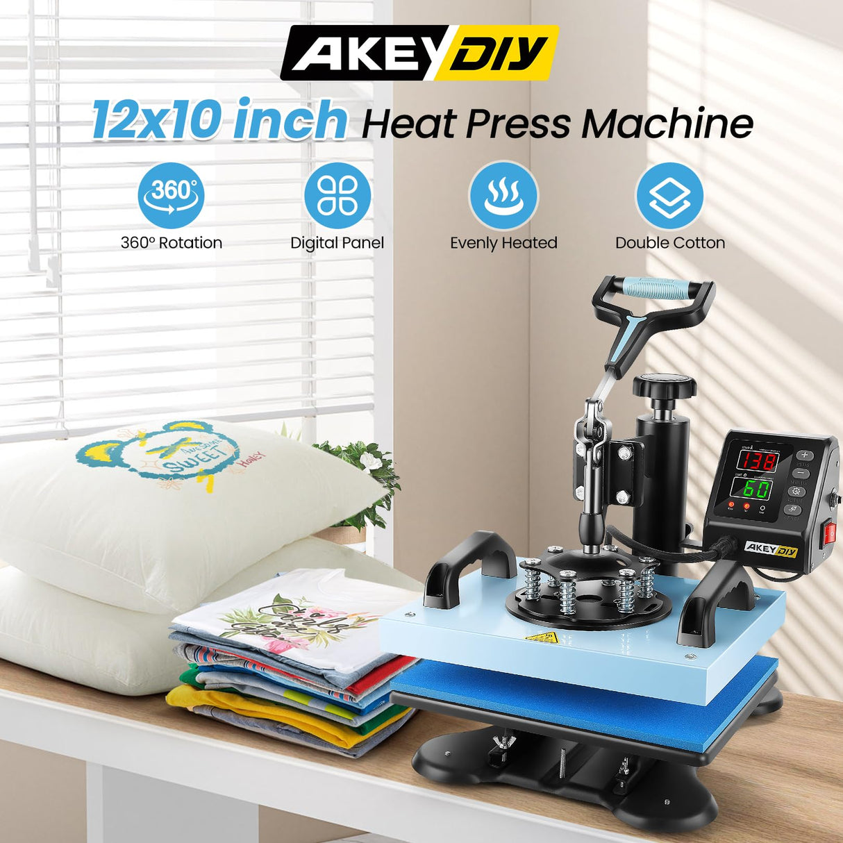 AKEYDIY Upgraded Heat Press Machine for T Shirts 12x10Inch Multifunction Shirt Press Machine 360° Swing Away Sublimation Heat Press Digital Heat AKEYDIY