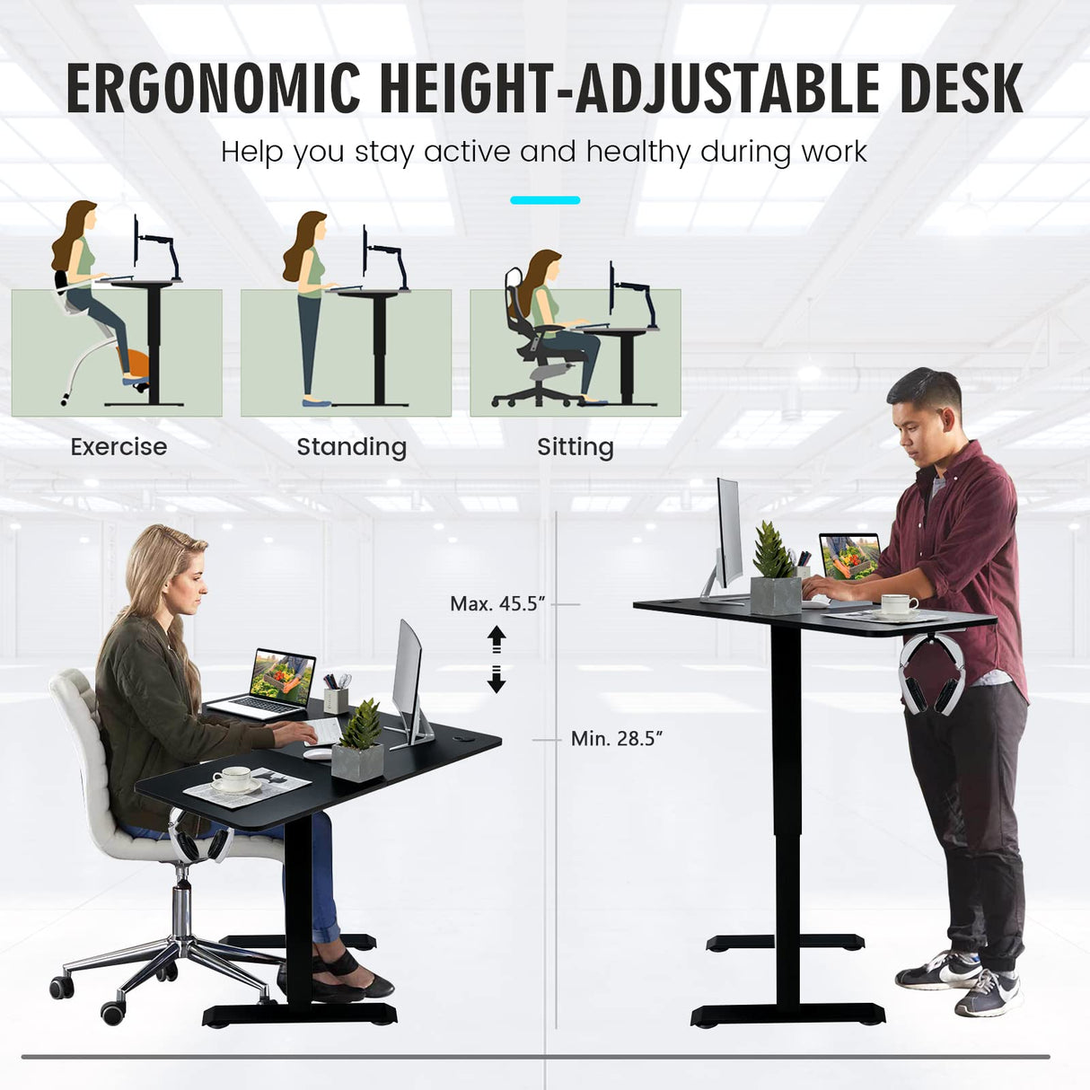 COSTWAY L Shaped Electric Adjustable Desk, L-Shaped Standing Computer Desk w/Splice Tabletop, 2 Hooks & Rolling Casters, Sit-Stand Corner Desk w/ 4 COSTWAY