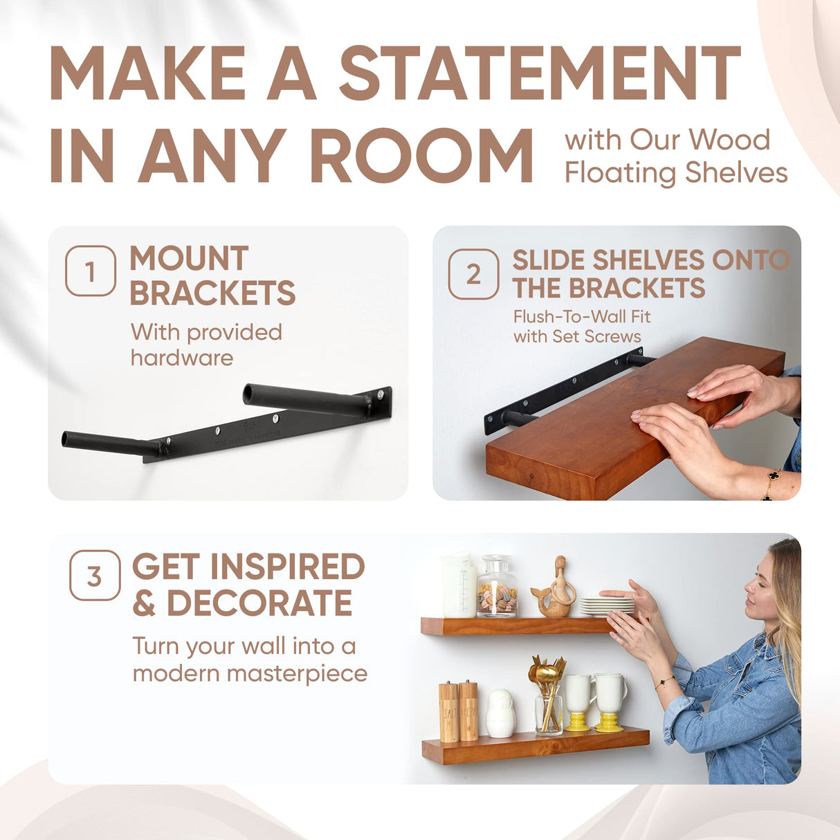 Homeforia Rustic Farmhouse Floating Shelves - Bathroom Wooden Shelves for Wall Mounted - Thick Industrial Kitchen Wood Shelf - 24 x 6.5 x 1.75 inch - Homeforia