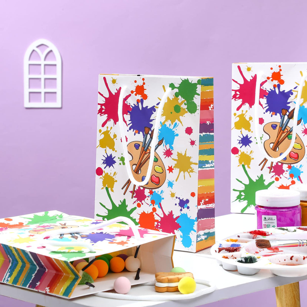 Art Party Bags Paint Art Party Treat Bags Sip and Paint Party Goodies Bags for Paint Splatter Party Art Party Decorations (Bright Style, 16 Pieces) Pajean