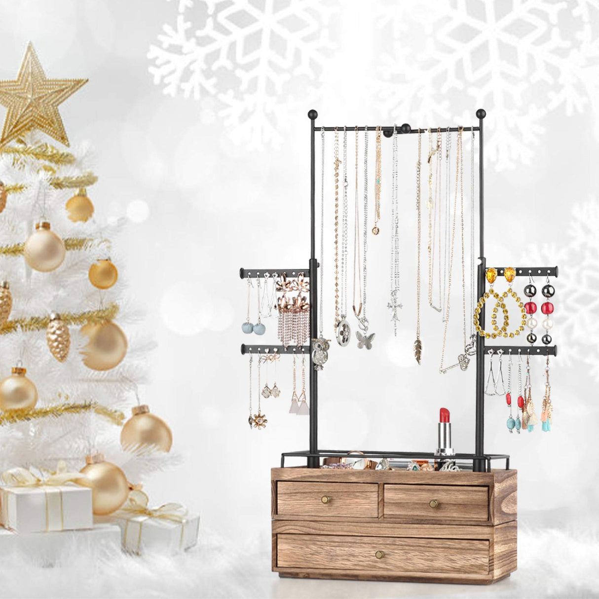 Jewelry Organizer - 2 Layer Wooden Jewelry Drawer Storage Box with 6 Tier Jewelry Tree Stand, Jewelry Display for Necklaces Bracelet Earring Ring Olakee