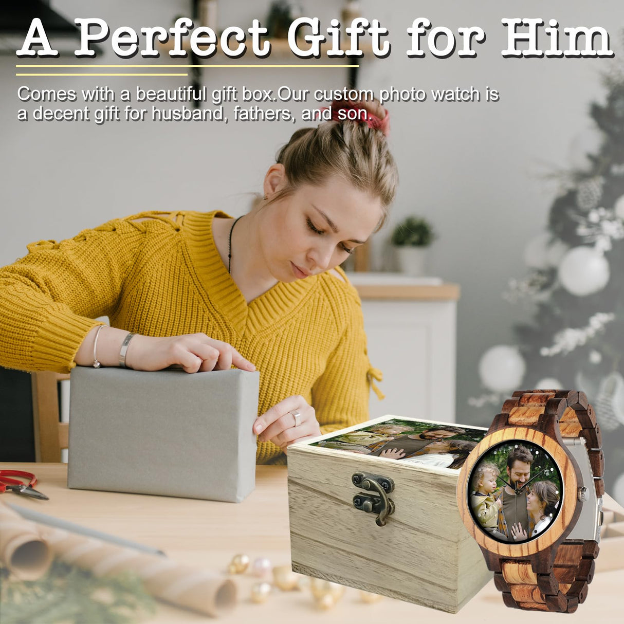 Personalized Customized Wooden Watch for Men Original Engraved Photo Natural Wood Watches with Adjustable Wristband for Birthday Anniversary Present DB-WINNER