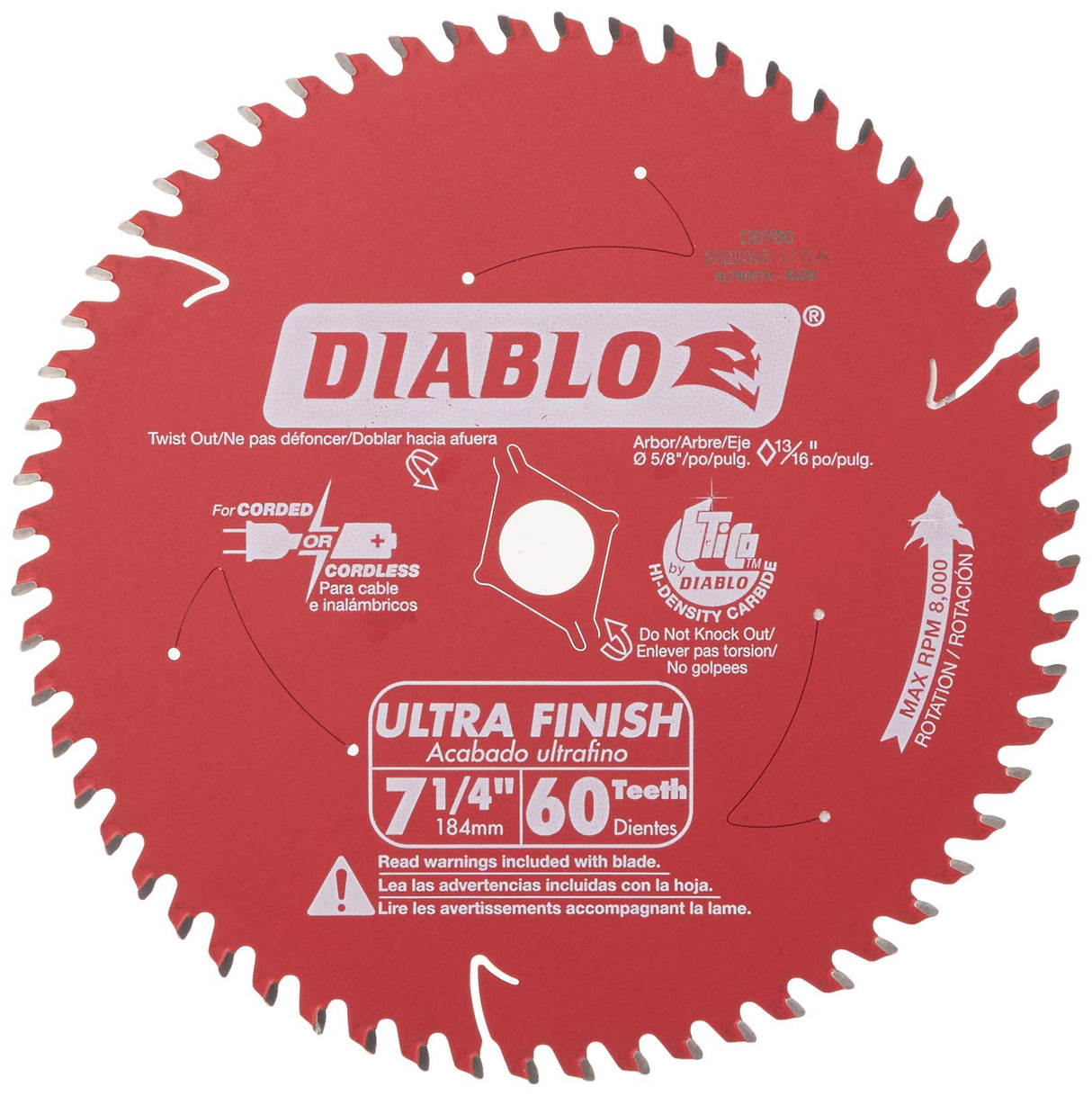 Freud D0760A Diablo 7-1/4" x 60-Tooth Ultra Fine Finishing Circular Saw Blade with 5/8" Arbor and Diamond Knockout Single Blade Freud