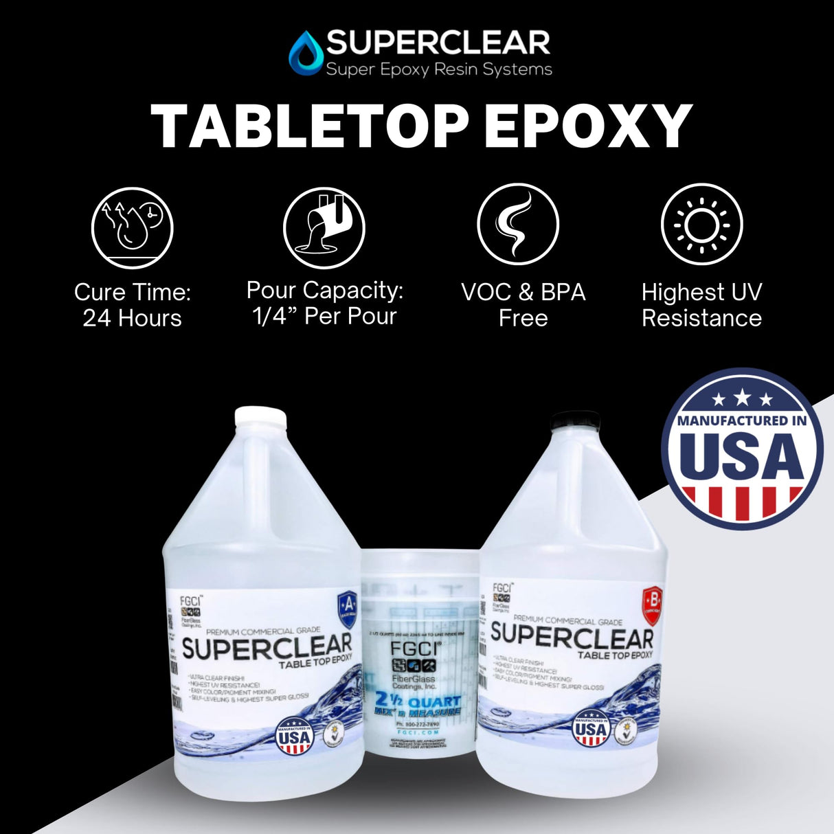 SUPERCLEAR® Coat Epoxy Resin Kit, 2 Gallon, Liquid Glass® Epoxy, Art Resin, Super Gloss Clear 2 Part Self Leveling Epoxy Resin, Epoxy Resin Table FGCI