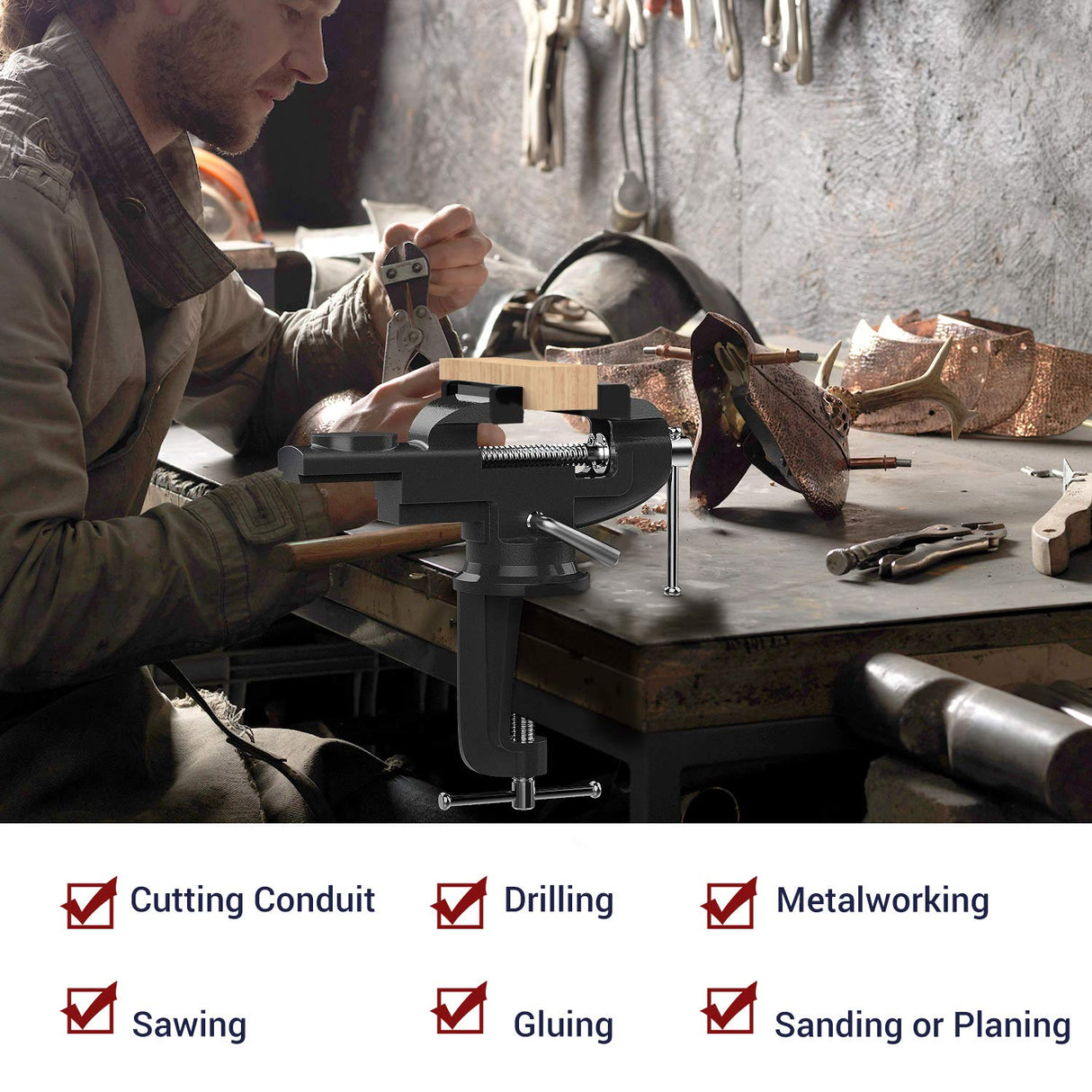 Nuovoware Table Vise 3 Inch, 360Β° Swivel Base Universal Home Vise Portable Bench Clamp, Clamp-on Vise Bench Clamps Fixed Tool for Woodworking, Nuovoware