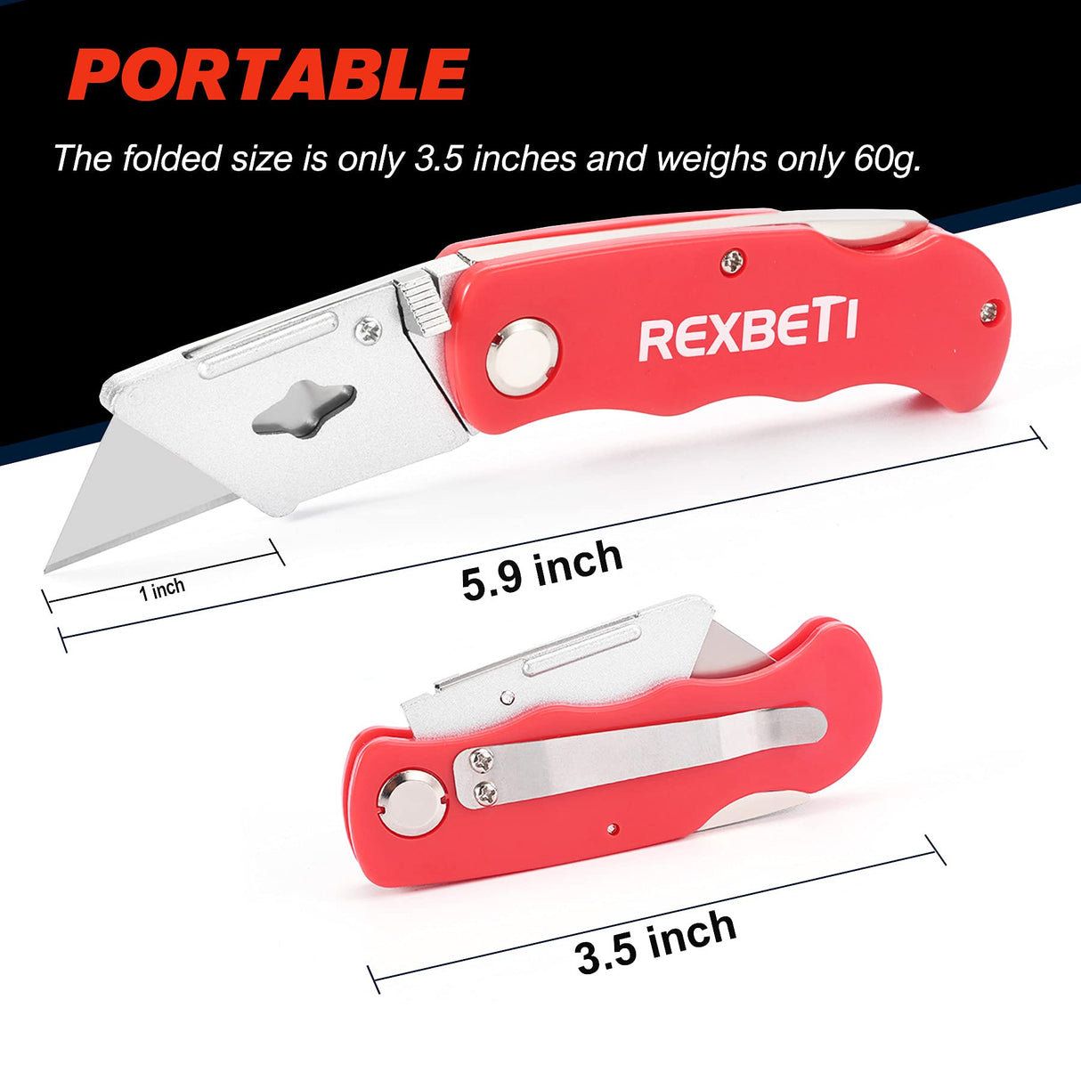 REXBETI 4-Pack Folding Utility Knife Quick-change SK5 Box Cutter for Cartons, Cardboard and Boxes, Back-lock Mechanism with 10 Extra Blades REXBETI