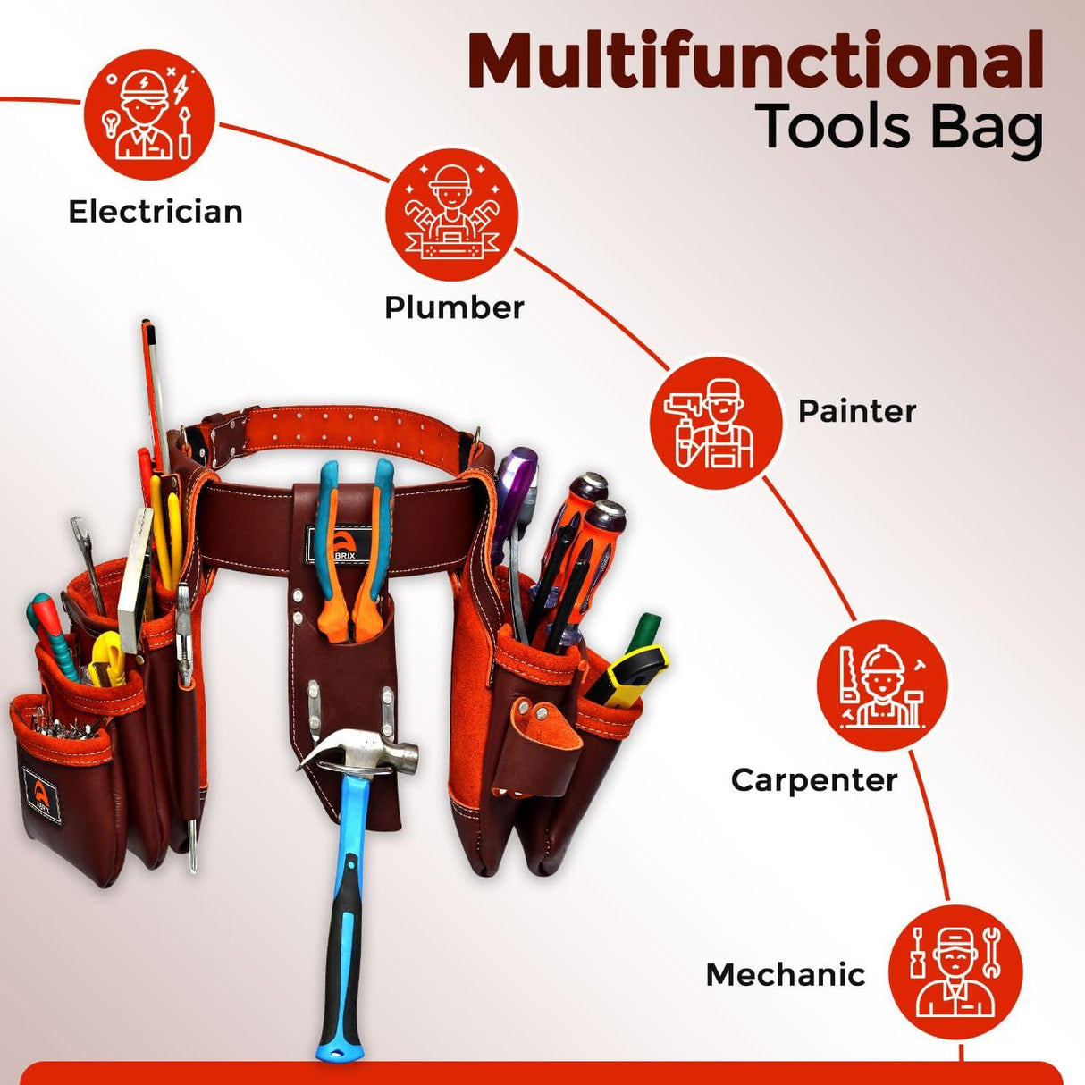 ABRIX Premium Oil Tanned Leather Tool Belt,PRO-280 Tool Pouch,Heavy Duty Leather Tool Belt, Tool Bag 28 Pockets,Tool Belt/Pouch For Framer (Maroon Abrix