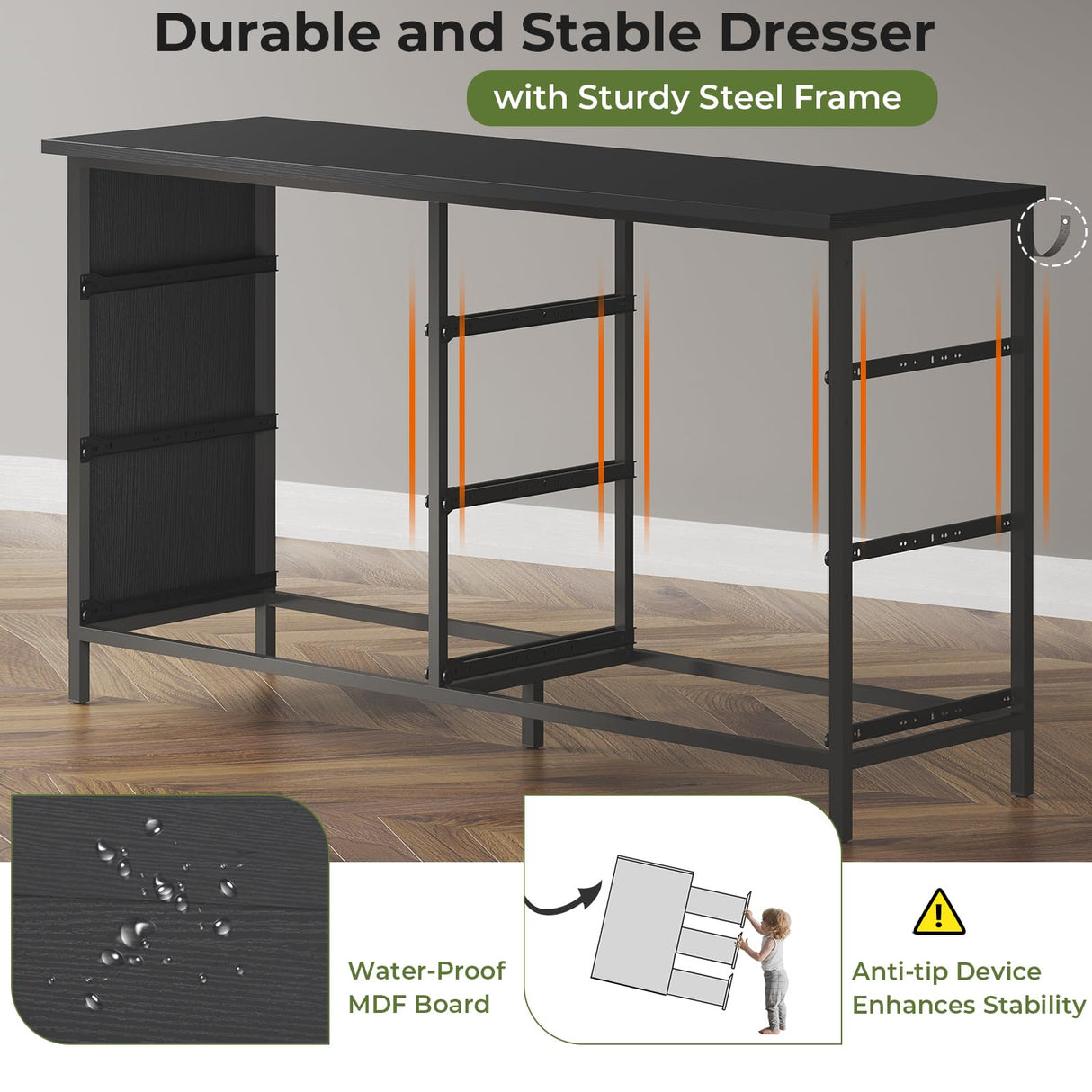 Hasuit 6 Drawers Double Dresser, Wooden Dresser with Heavy Sturdy Steel Frame, Large Capacity Storage Chest of Drawers, Black Dresser for Bedroom, Hasuit