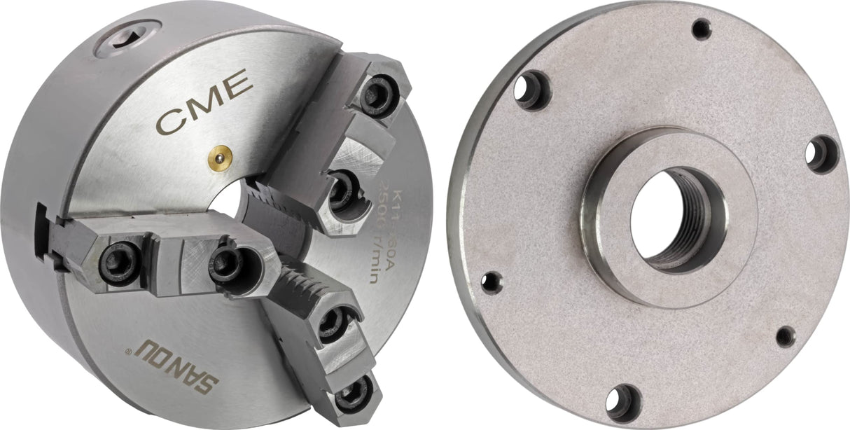 CME 6" 3-Jaw Self-Centering (Scroll) Lathe Chuck with 1 1/2"-8 Threaded Backing Plate, Two-Piece Reversible Jaws CME Tools
