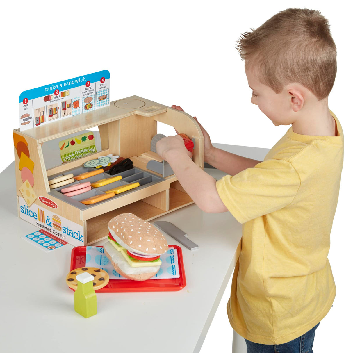 Melissa & Doug Wooden Slice & Stack Sandwich Counter with Deli Slicer – 56-Piece Pretend Play Wooden Food Toys, Kitchen Food Set For Toddlers And Melissa & Doug
