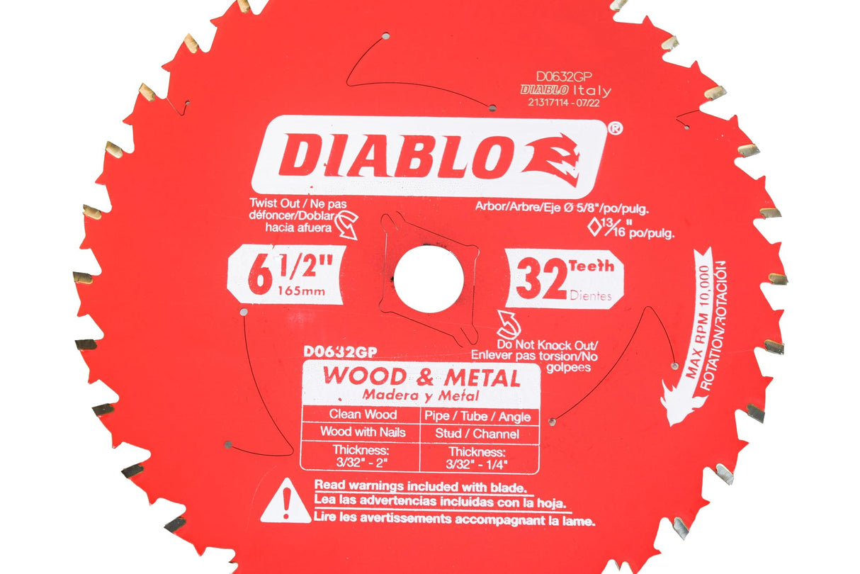 Diablo D0632GPX2 6-1/2" x 32 Tooth Wood and Metal Carbide Circular Saw Blade (2 Pack) Diablo