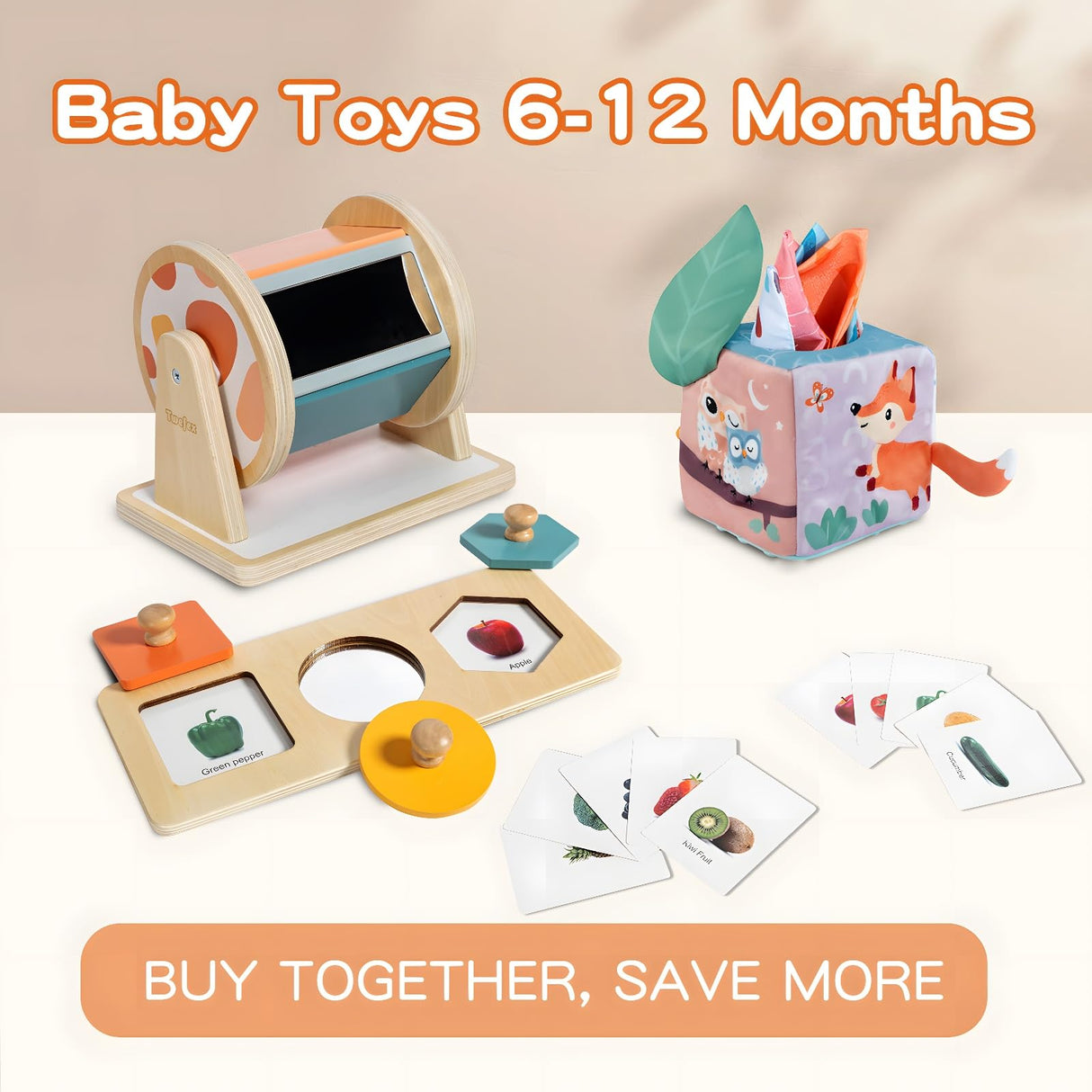 Twefex Montessori Toys for Babies 6-12 Months - 3 in 1 Baby Toys Play Kit - Medium Spinning Drum - Baby Tissue Box Toy - Peekaboo Knob Puzzle with Twefex