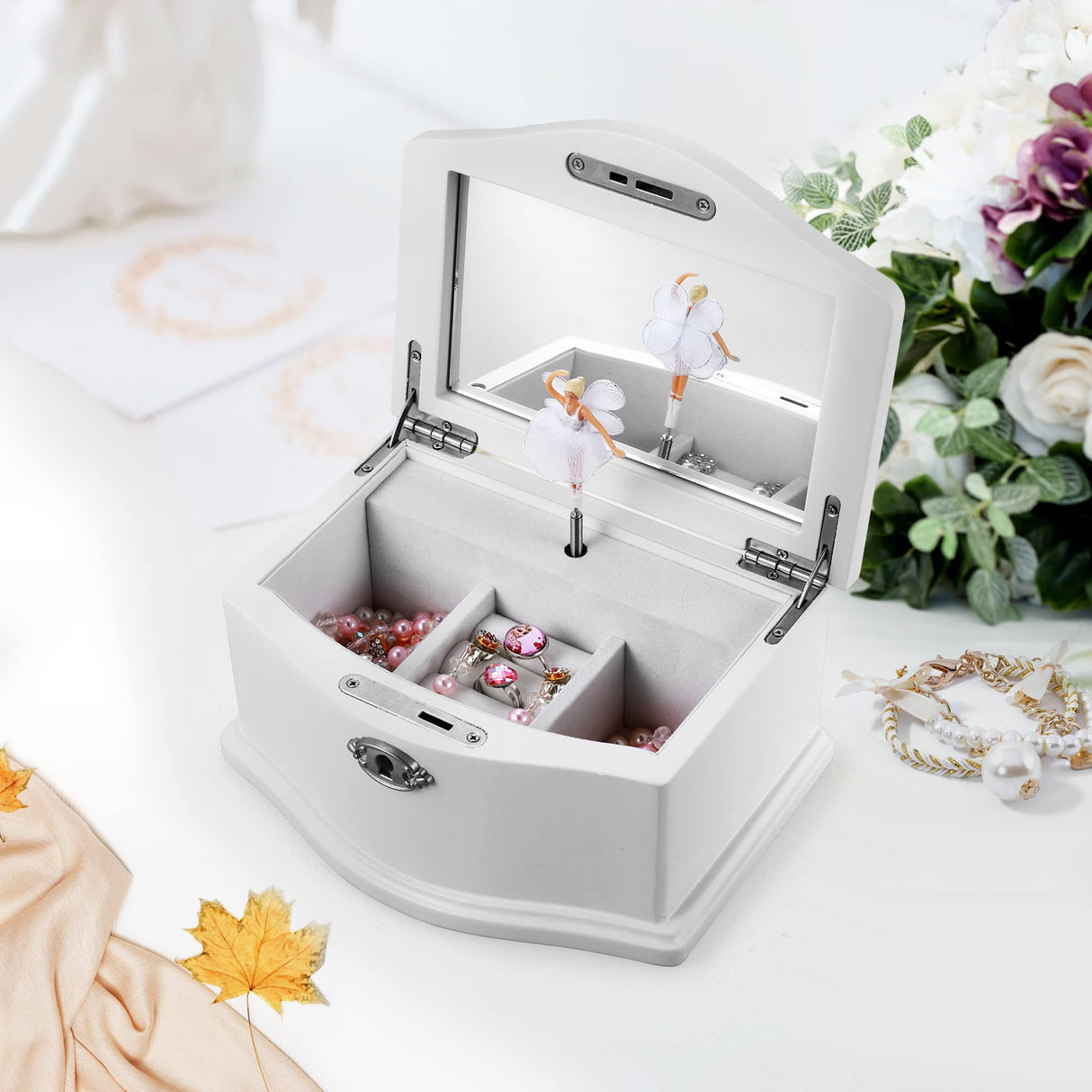 Jozen Gift Wooden Ballerina Medium White Musical Jewelry Box with Mirror for girls,Kid's Jewelry Storage Music Box Jozen Gift