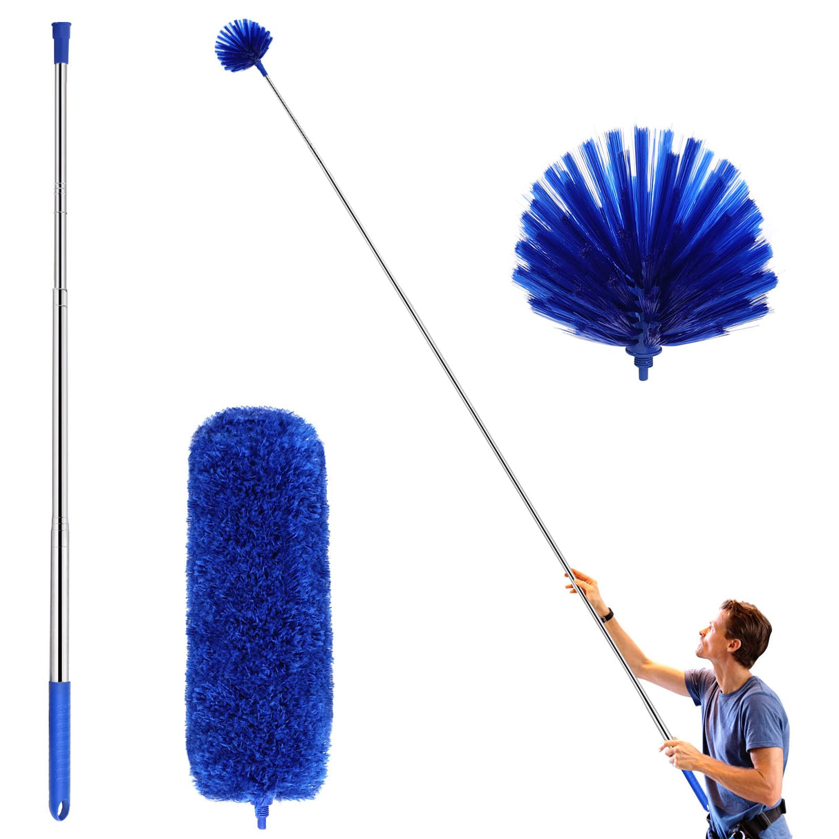 Ceiling Fan Duster with Extension Pole, Cobweb & Corner Brush Cleaning Kit w 2 Duster Heads for Cleaning,15-100 Inch Long Handle Aluminum Telescoping ZZ LAZYCOTTAGE