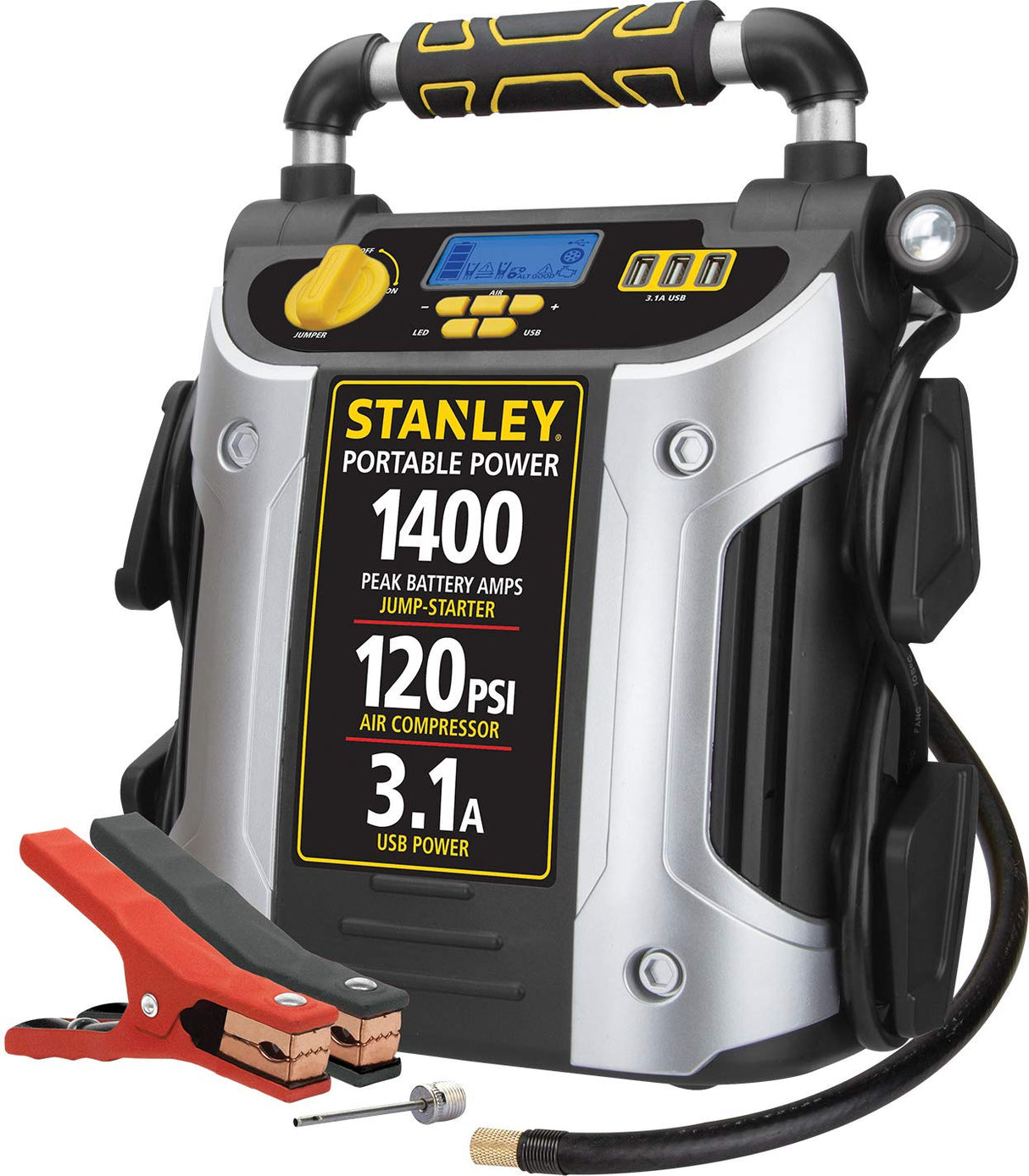 1400 Peak Amp Automotive Jump Starter, Portable Power – Triple 15W USB Ports, 120 PSI Air Compressor STANLEY