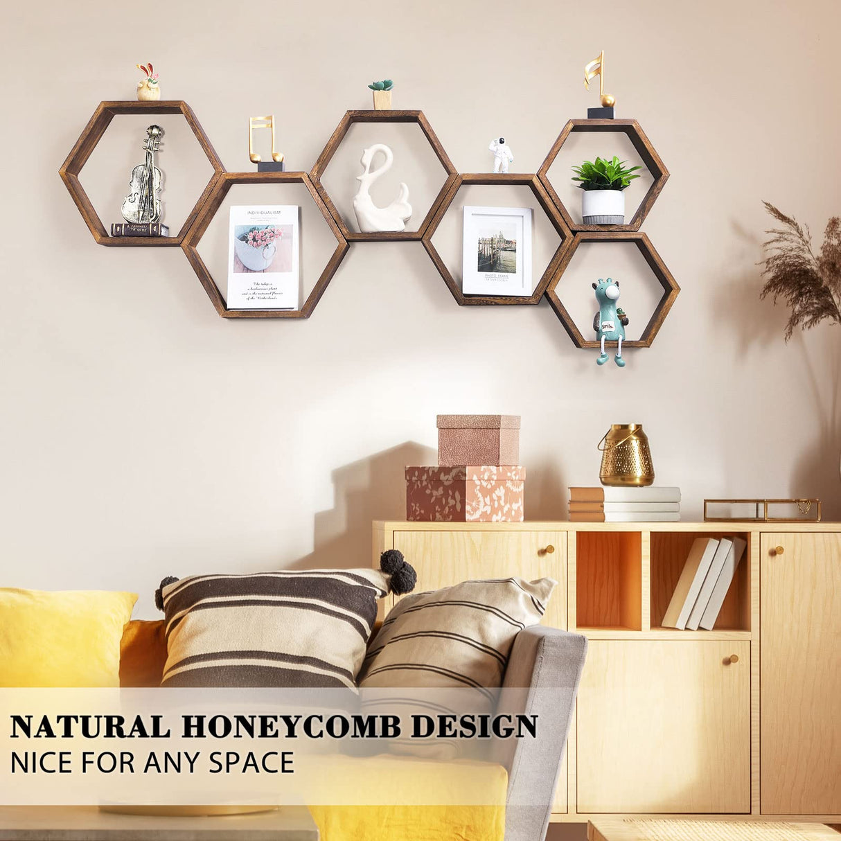 NOVIMANGO Hexagon Floating Shelves Set of 6 Honeycomb Shelves for Wall Wood Farmhouse Storage Home Decor Shelf Wall Mounted Wooden Hexagonal Shelves NORCEESAN