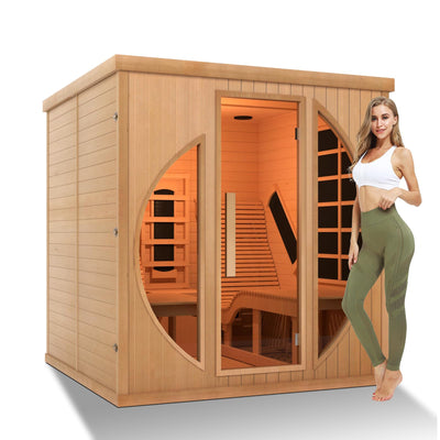 iDOTODO Far Infrared Wooden Sauna Room with Recliner, 2 Person Indoor Infrared Home Sauna, Indoor Saunas for Home 220V, 3400W, 9 Heaters, Hemlock,