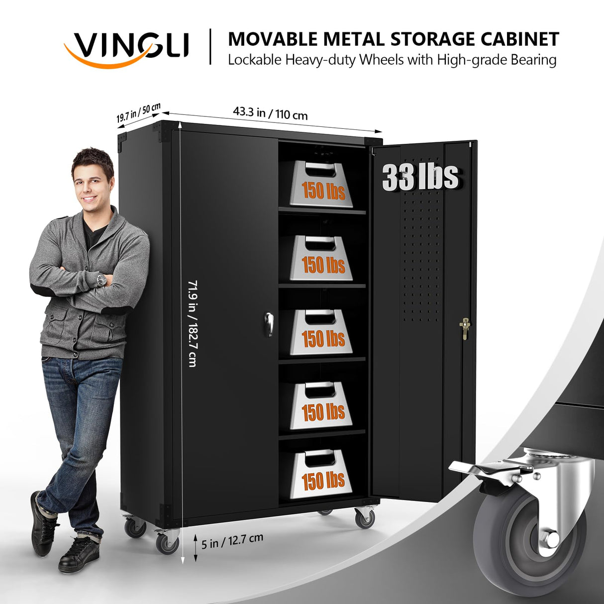 VINGLI Upgraded 72" Tall & Wide Metal Storage Cabinet with Pegboards in Doors and 4 Adjustable Shelves, Black Garage Cabinet and Storage System with VINGLI