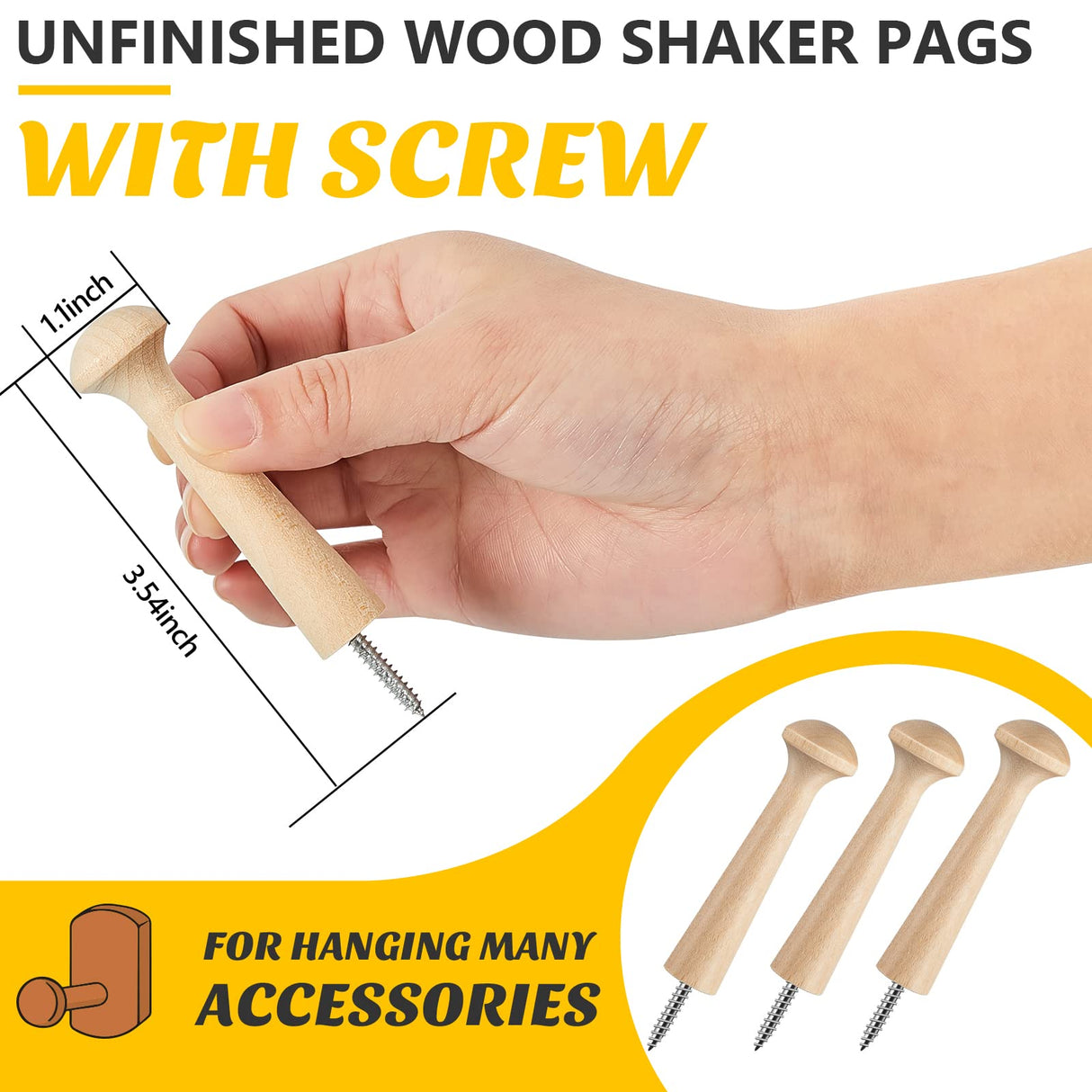 Jetec Wooden Shaker Peg Wood Screw-on Shaker Pegs 2.9 Inch Long Unfinished Wood Shaker Racks for Hanging Clothes Hats Towel and More DIY Paint Color Jetec