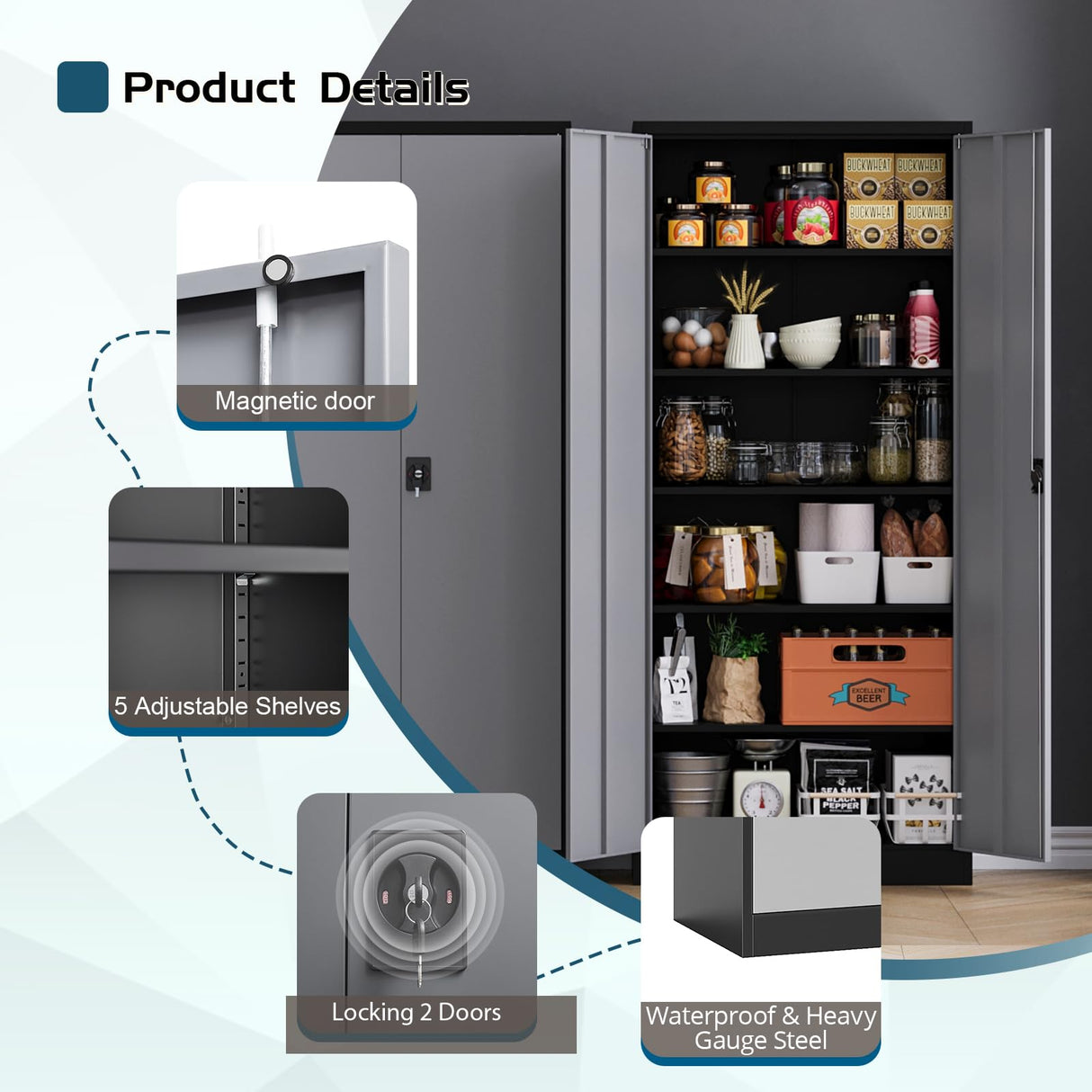 MIIIKO Metal Storage Cabinet with Locking Doors, Black Garage Lockable Steel Cabinets with 4 Doors and 5 Shelves for Home, Garage, Pantry Workshop MIIIKO