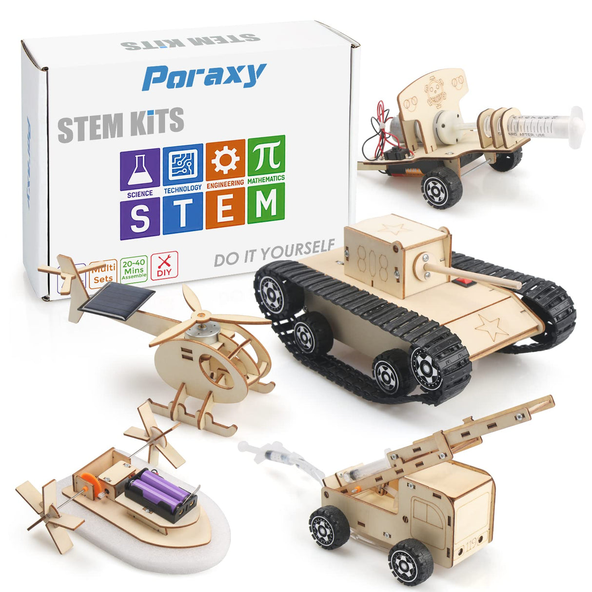 5 Set STEM Projects for Kids Ages 8-12, Model Car Kits, Wooden 3D Puzzles, Educational Science Experiment Kits, Building Toys, Gifts for Boys and Poraxy