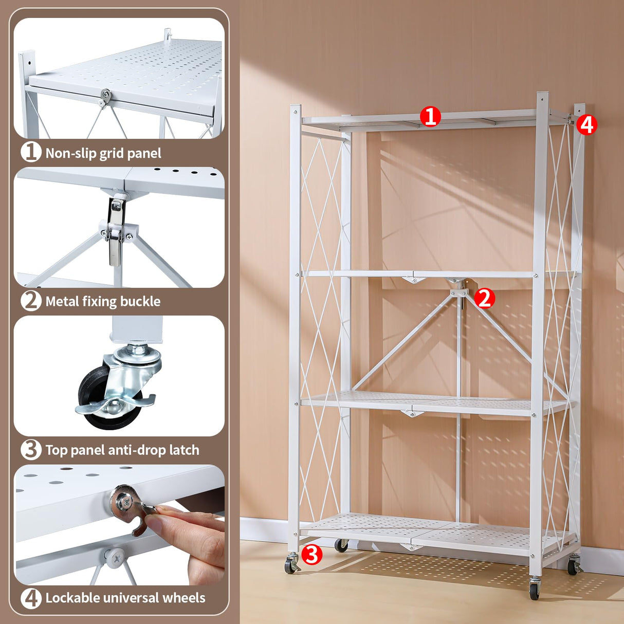 Heavy-Duty JOYBOS 4-Tier Foldable Metal Storage Rack with Wheels - No Assembly Required JOYBOS