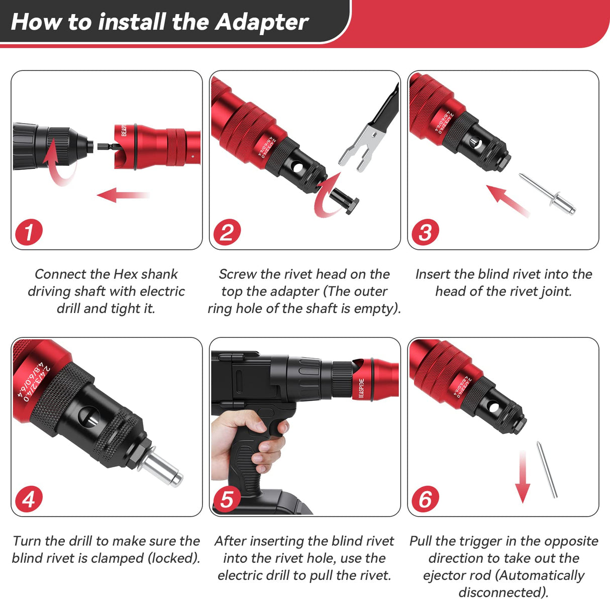 Beaspire Cordless Rivet Gun Adapter - Electric Rivet Drill Adapter Kit 2.4mm-6.4mm, Rivet Gun Kit with 6 Interchangeable Rivet Heads and 30 Blind Beaspire