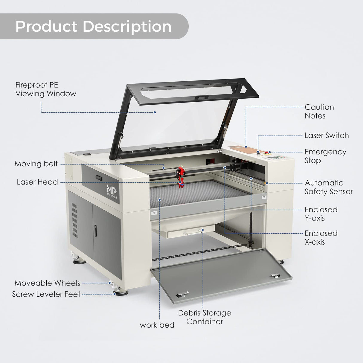 Monport Upgraded Fireproof Auto Focus 100W CO2 Laser Engraver & Cutter with Large Working Area (24" x 40"),with 6L CW-5200 Industrial Water Chiller Monport